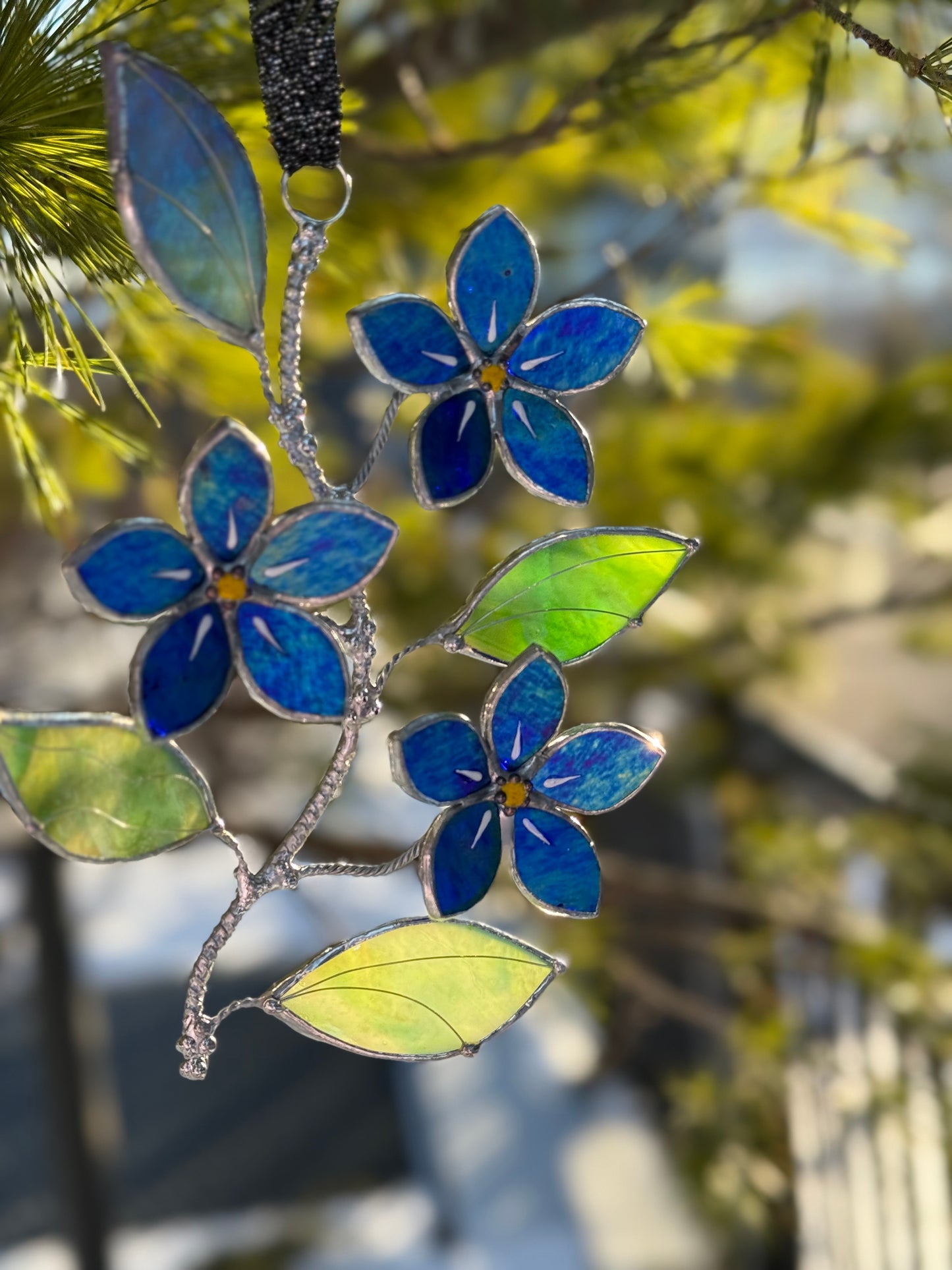 "  . Forget me not flower Indigo iridescent Wall Pendant, Stained glass, Walldecoration, Suncatcher