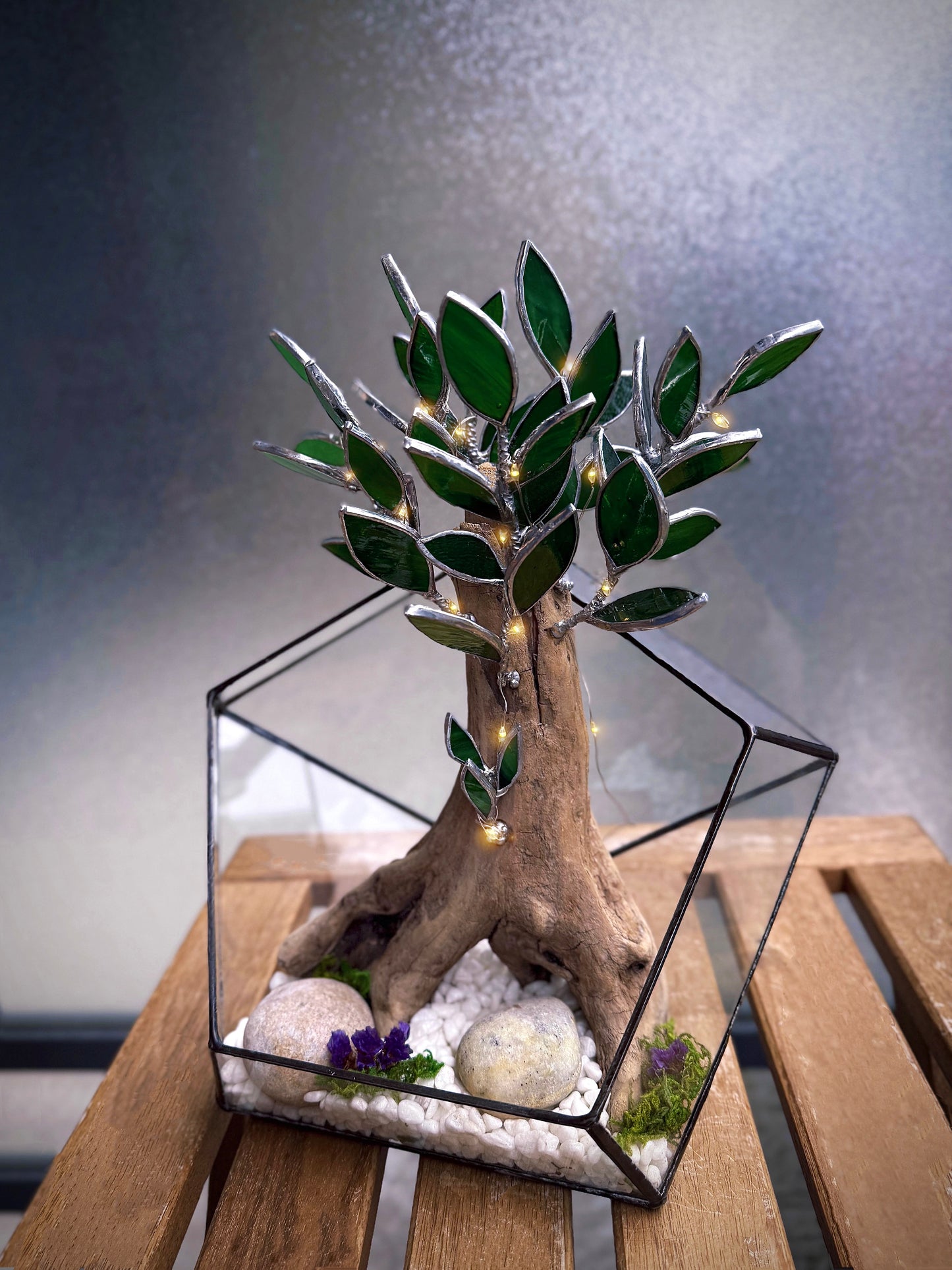 "  . Geometric glass terrarium with bonsai with glass leaves and lights”, Table decor, Christmas gift