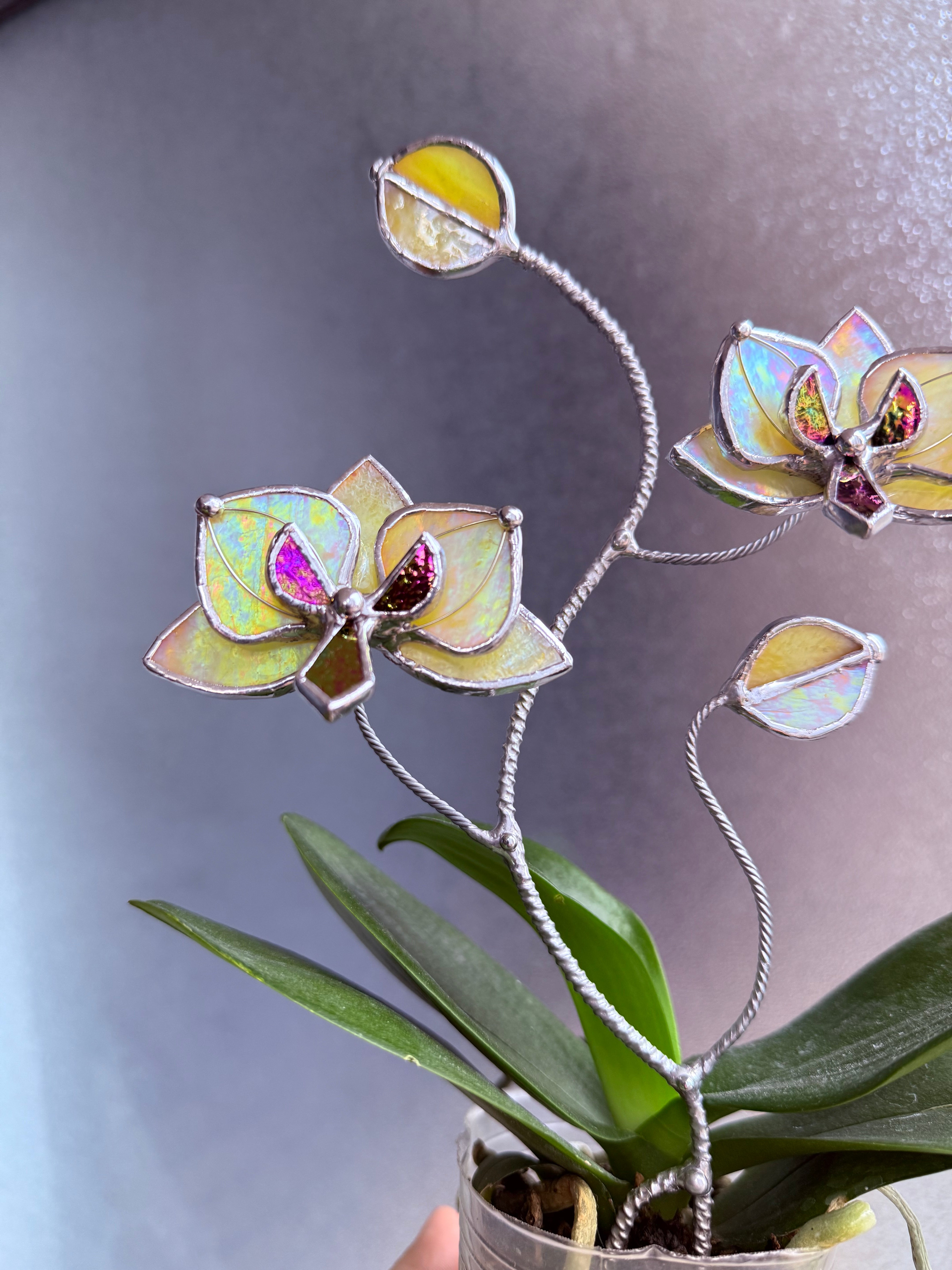 Orchid Lemon yellow Stained Glass Plant Stake, Botanical Pot Decor