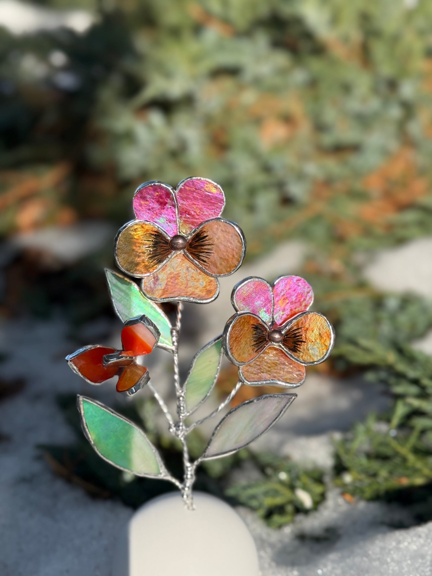 Pansy Flower Red & Orange, Stained Glass Botanical Art, Modern Decor ready
