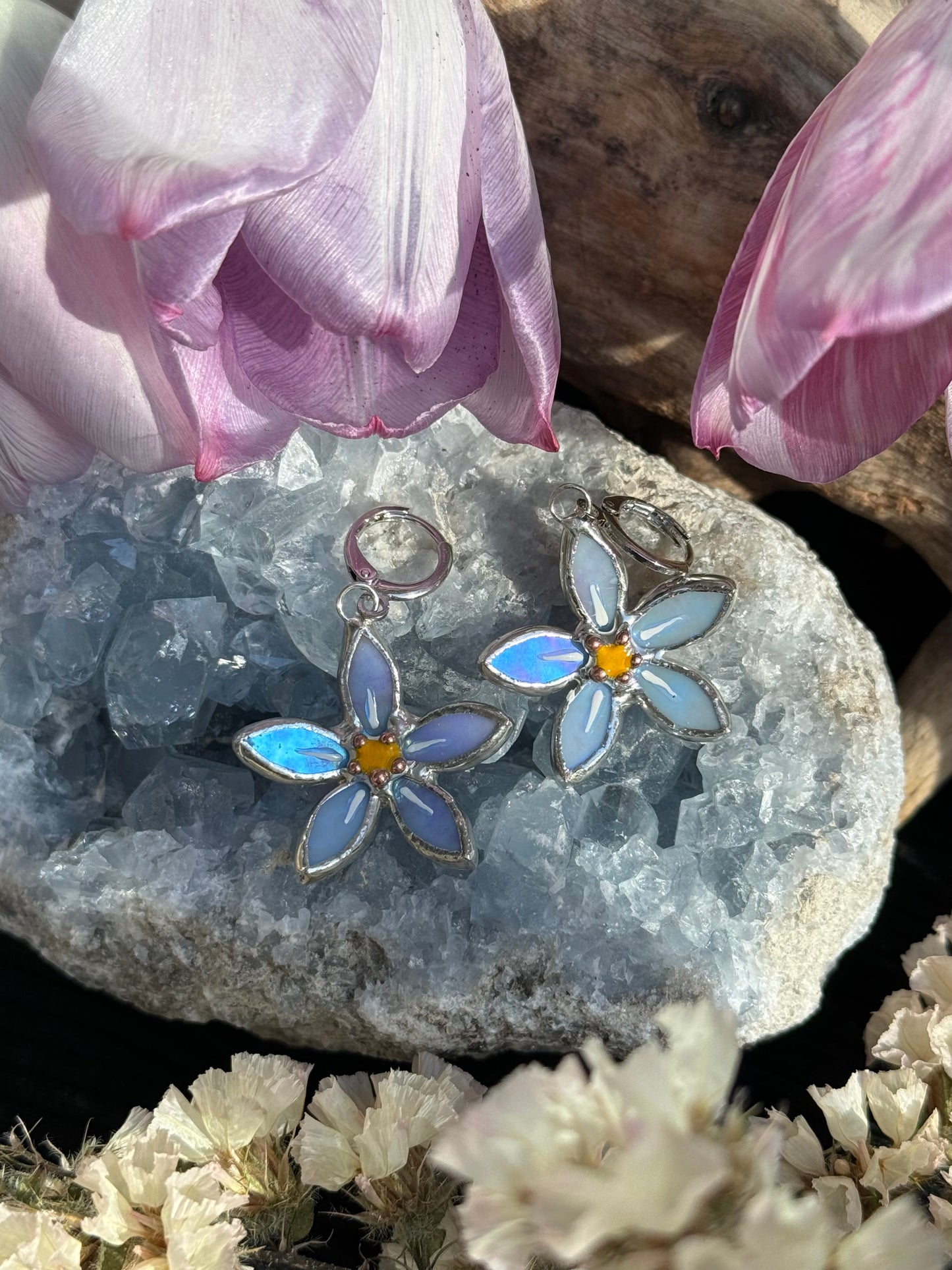 Forget Me Not Earrings Sky Blue Iridescent Handcrafted Stained glass Botanical Art Jewelry