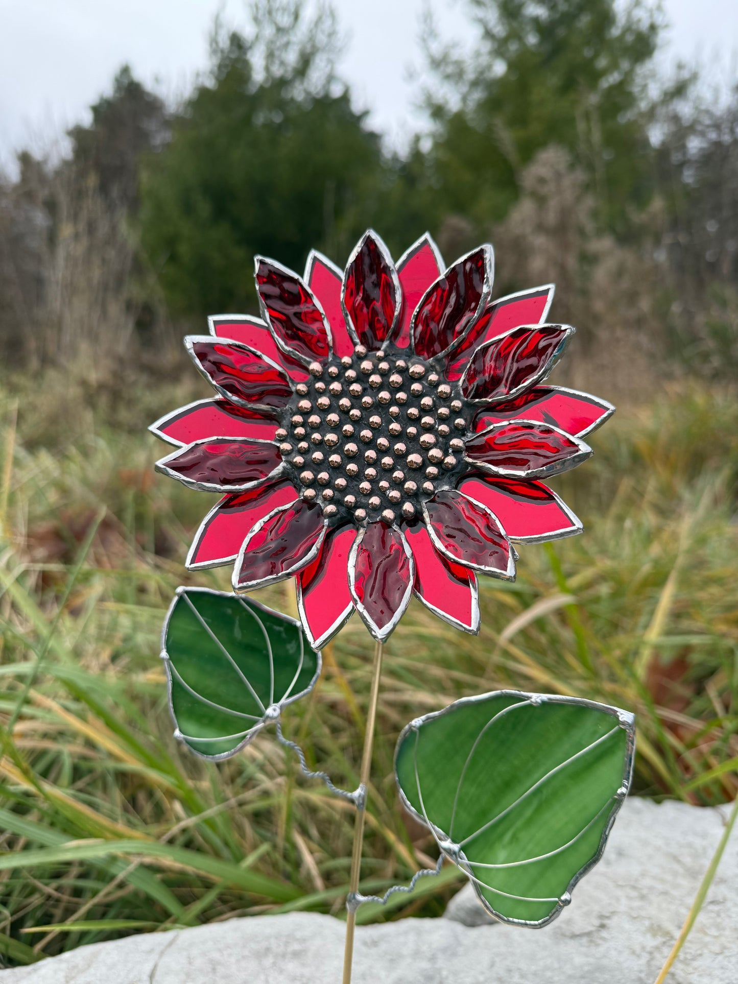 " . Ruby Red Sparcling Sunflower" Stained glass tropical flower 3D, Sun catcher, Table plant decor, Garden stake, wedding decor, Christmas gift