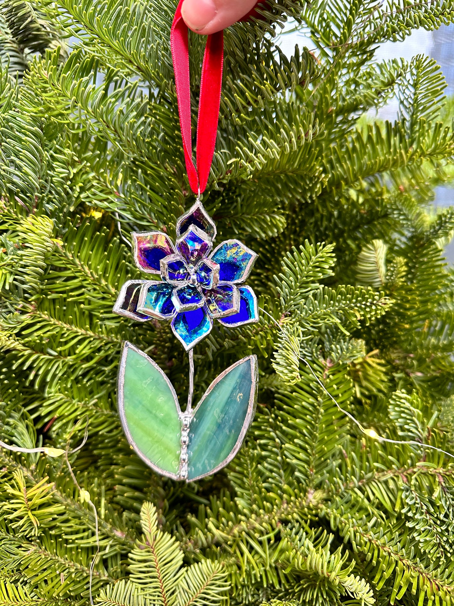 Christmas tree ornament Flower Indigo iridescent Set of 1, 3, 5, 7, 10. Stained glass Wall window decor, holiday decorations, lights