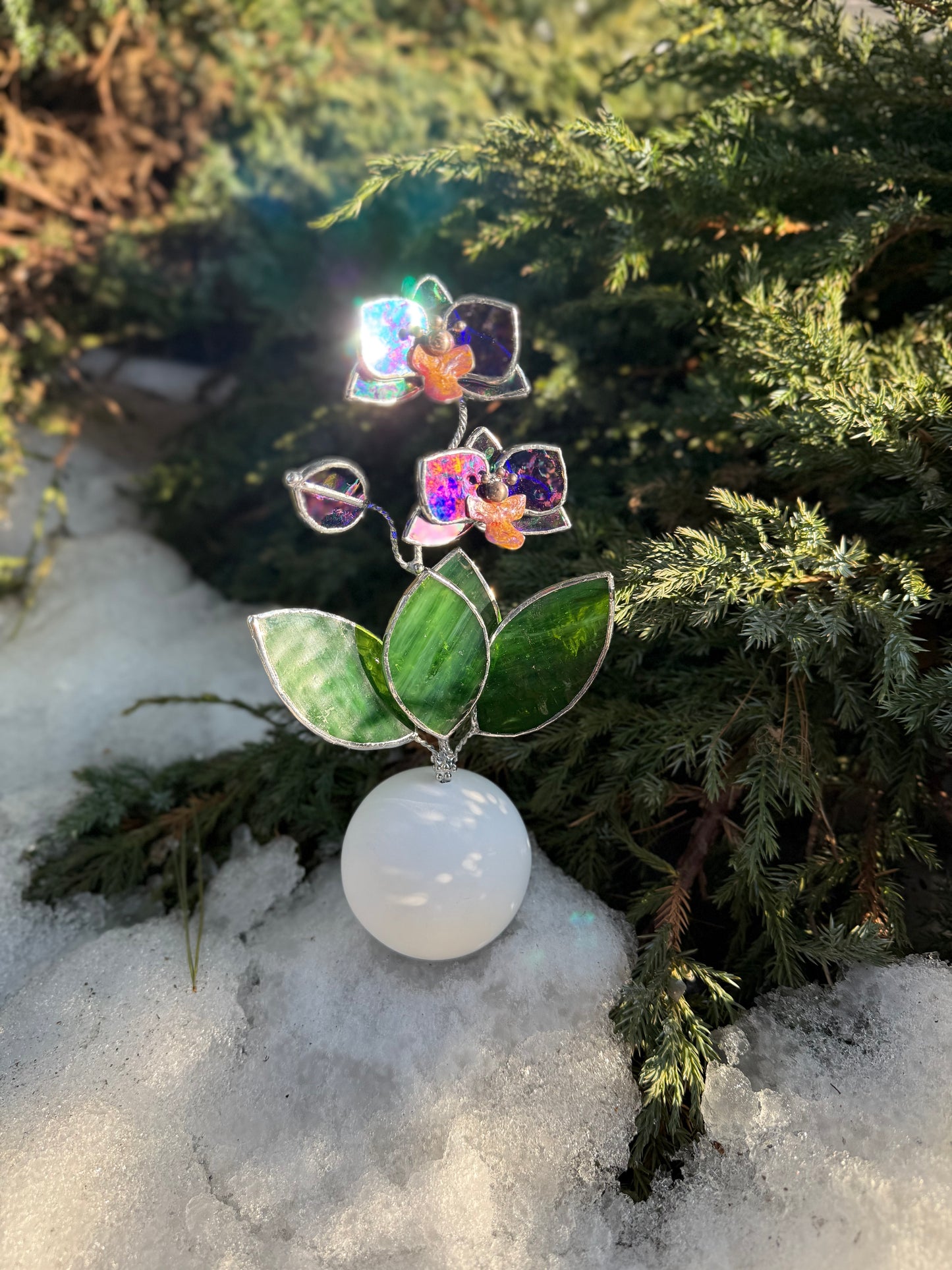 Orchid Indigo Stained Glass Artisan Flower, Botanical Table Decor