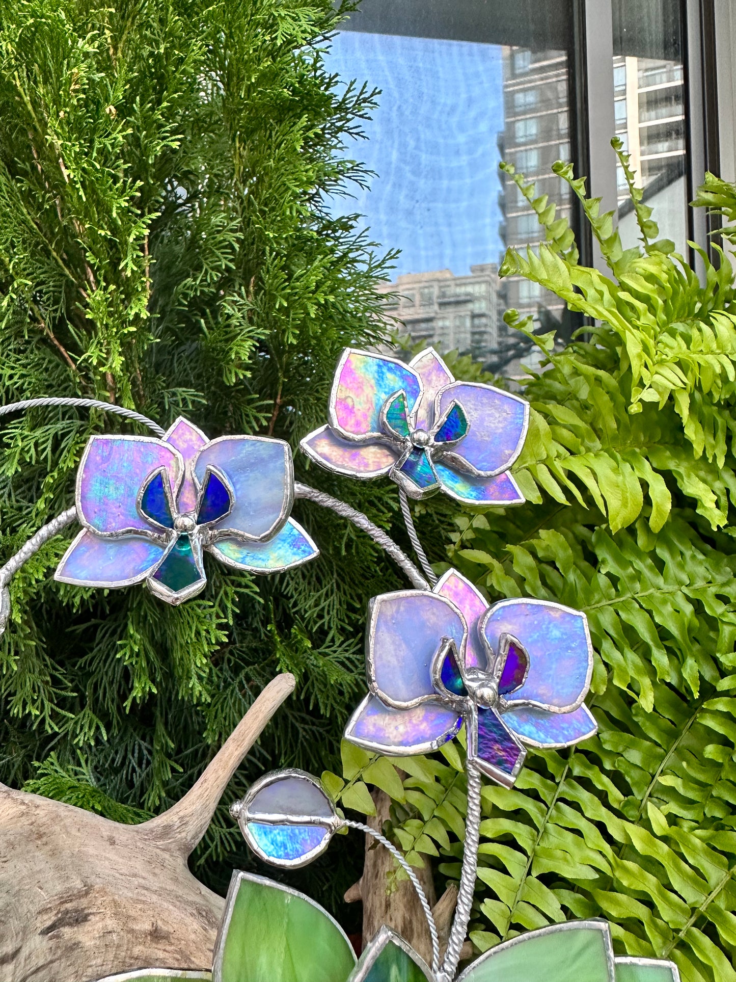 " . Lavender iridescent Orchid 3 flowers with pot” Stained glass tropical flower 3D, Sun catcher, Table plant, Garden stick, Outdoor and gardening decor