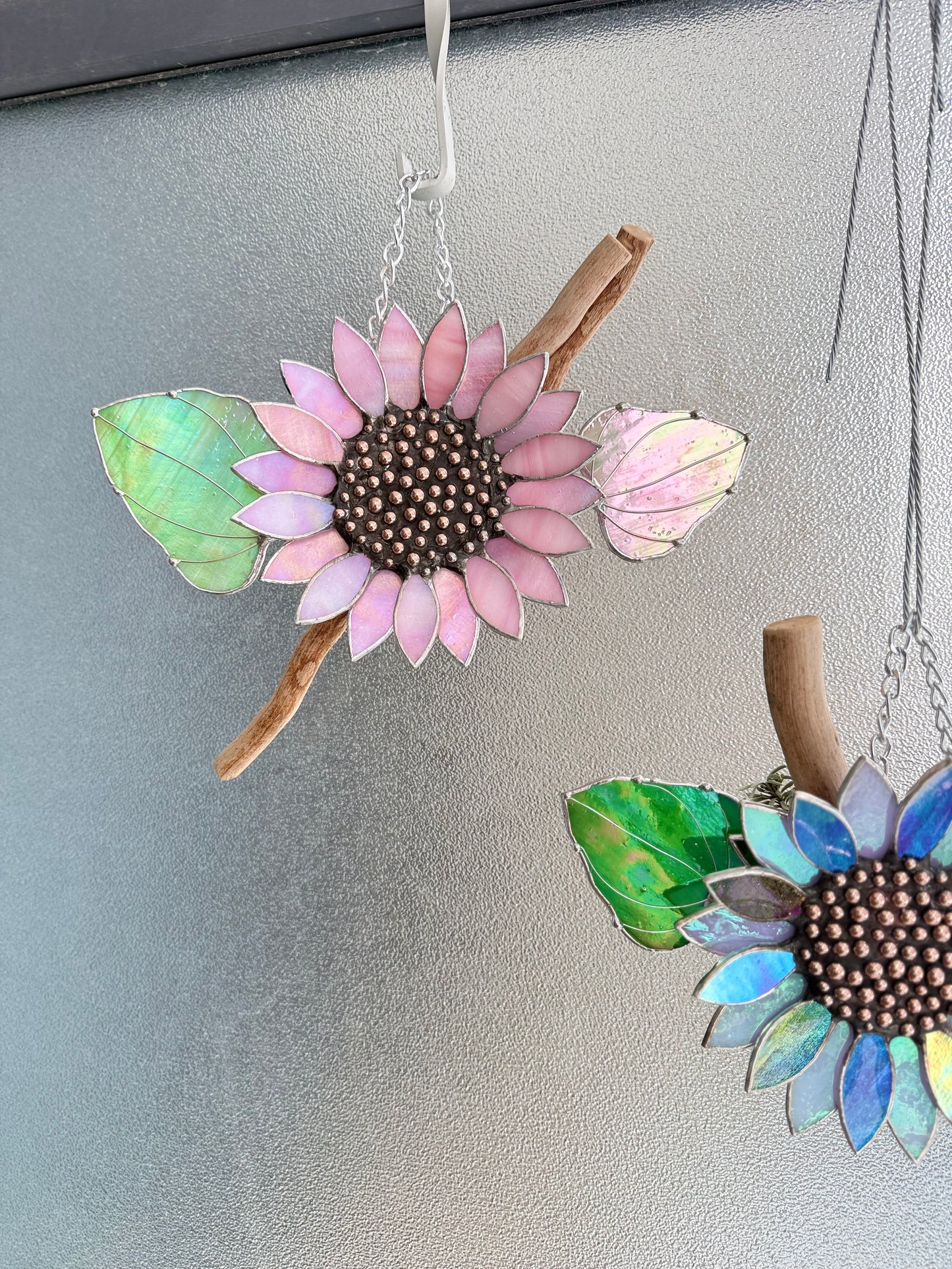 "  . Sunflower Red iridescent", stained glass wall decor, tropical flower 3D, Sun catcher, Plant decor