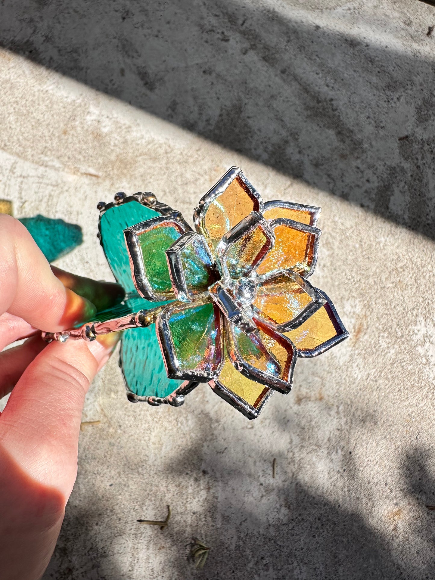 "Cactus turquoise  & yellow iridescent" Stained glass Succulent 3D design, house plant for flower pot, Sun catcher, glass art, wedding decor