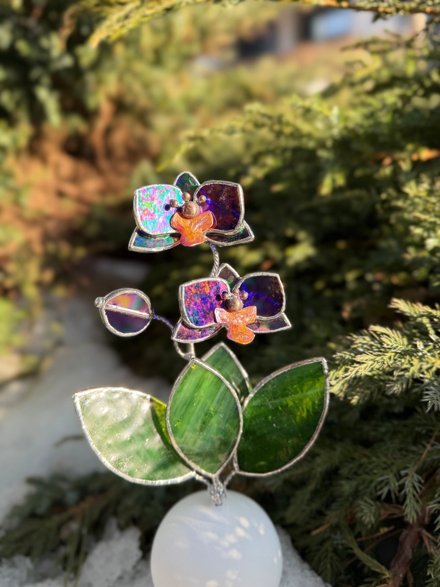 Orchid Indigo Stained Glass Artisan Flower, Botanical Table Decor