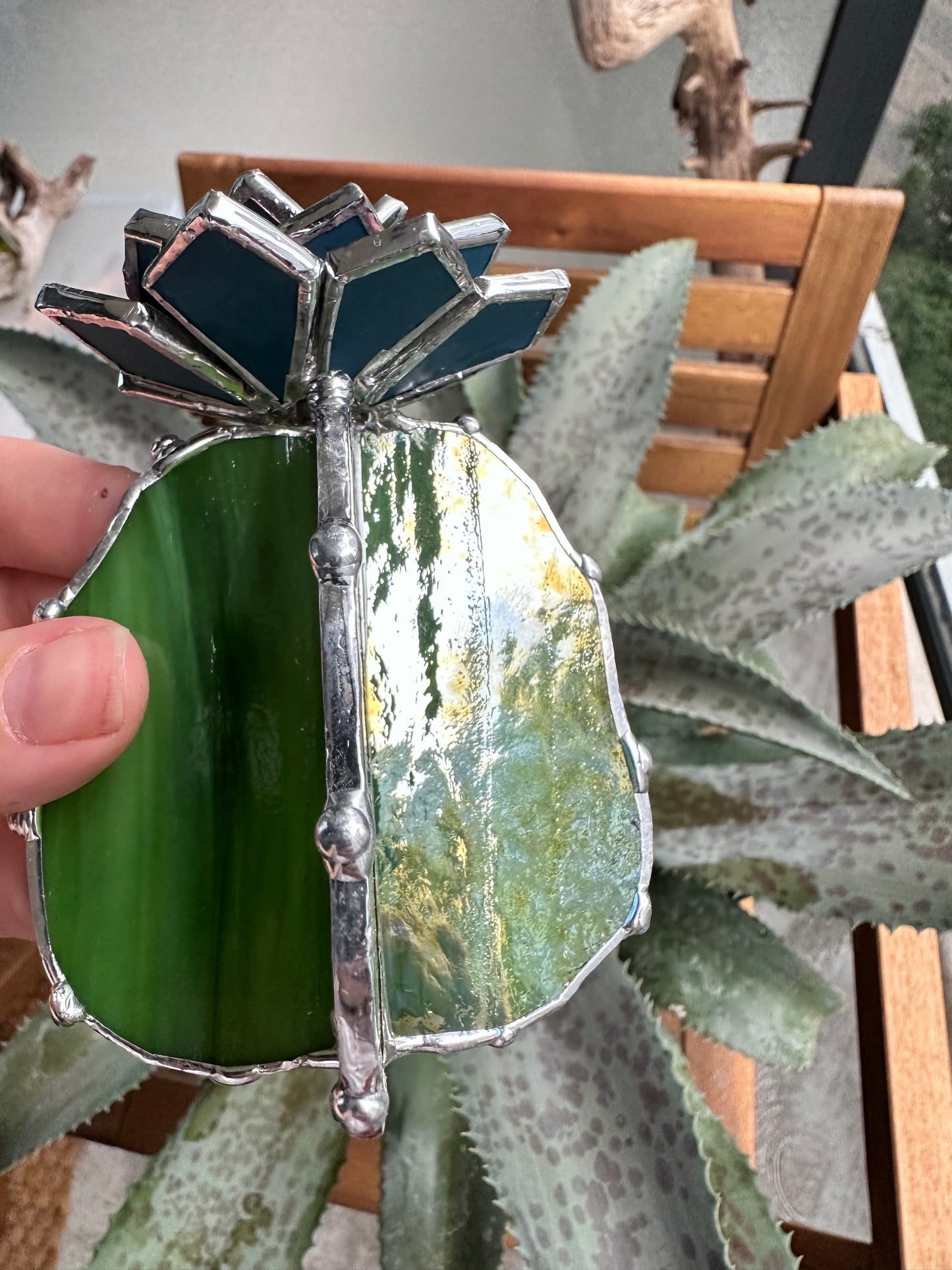 "Cactus XL Pink Mirror Green Iridescent", Stained glass, Succulent 3D Cacti house plant for flower pot Sun catcher glass art wedding