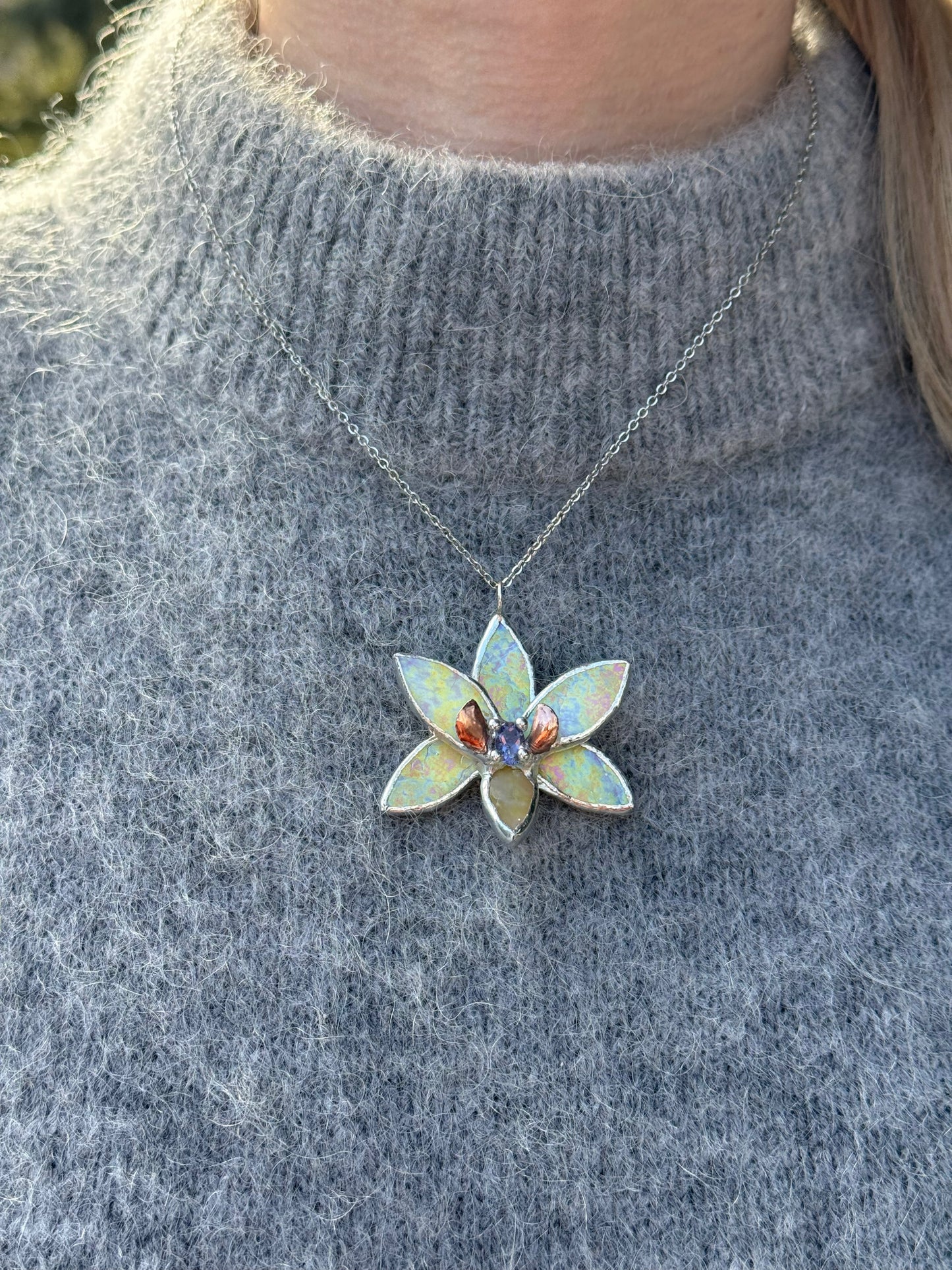 " . Necklace Tropical Orchid Yellow iridescent with Blue Iolite ” Stained glass tropical flower 3D, art jewelry
