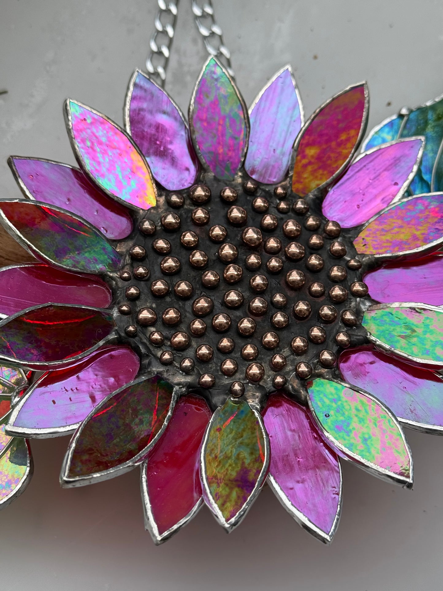 "  . Sunflower Red iridescent", stained glass wall decor, tropical flower 3D, Sun catcher, Plant decor