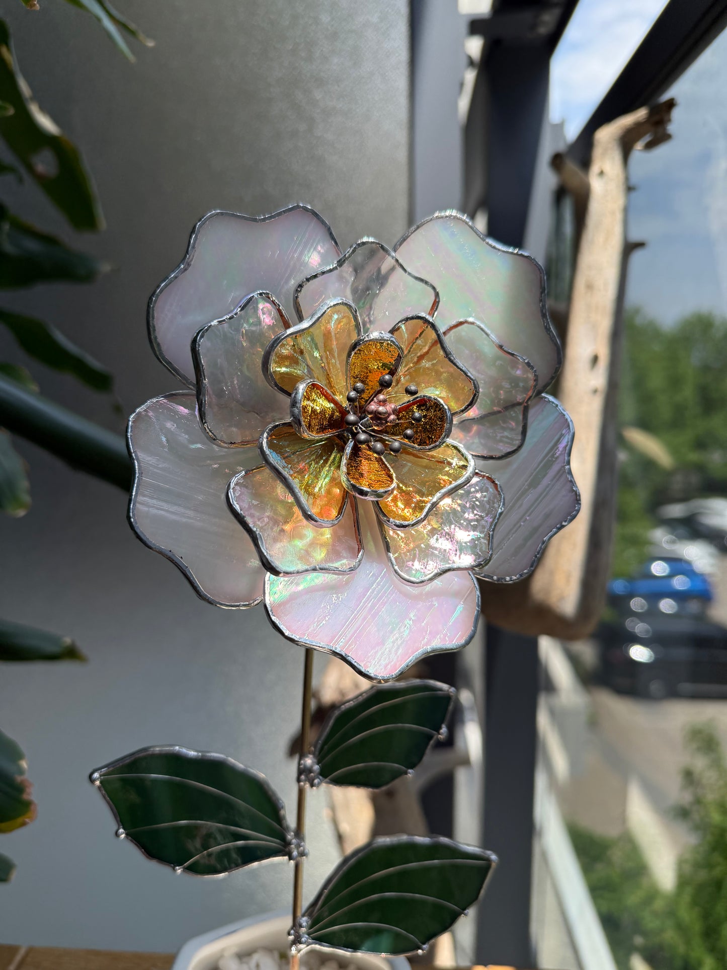 " . Beautiful Peony White & yellow iridescent Stained glass flower, tropical 3D Sun catcher, Table plant decor, wedding gift, available new