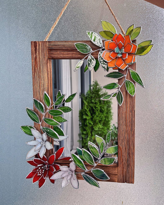 ".Perfect Echeveria" Mirror Stained glass wall decor Art. Glass flowers Succulents.