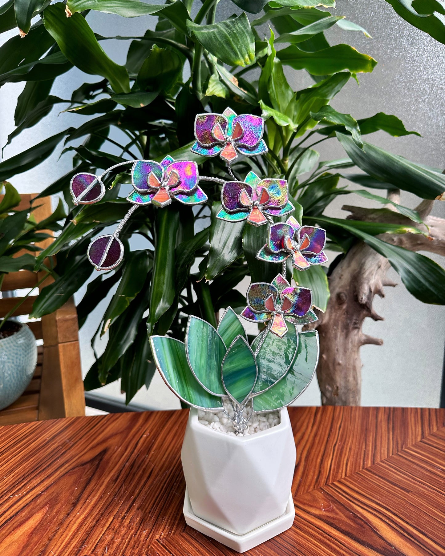 " . Mauve iridescent Orchid 5 flowers with pot" Stained glass tropical flower 3D, Sun catcher, Table plant, Garden stick, wedding decor, Christmas gift, available