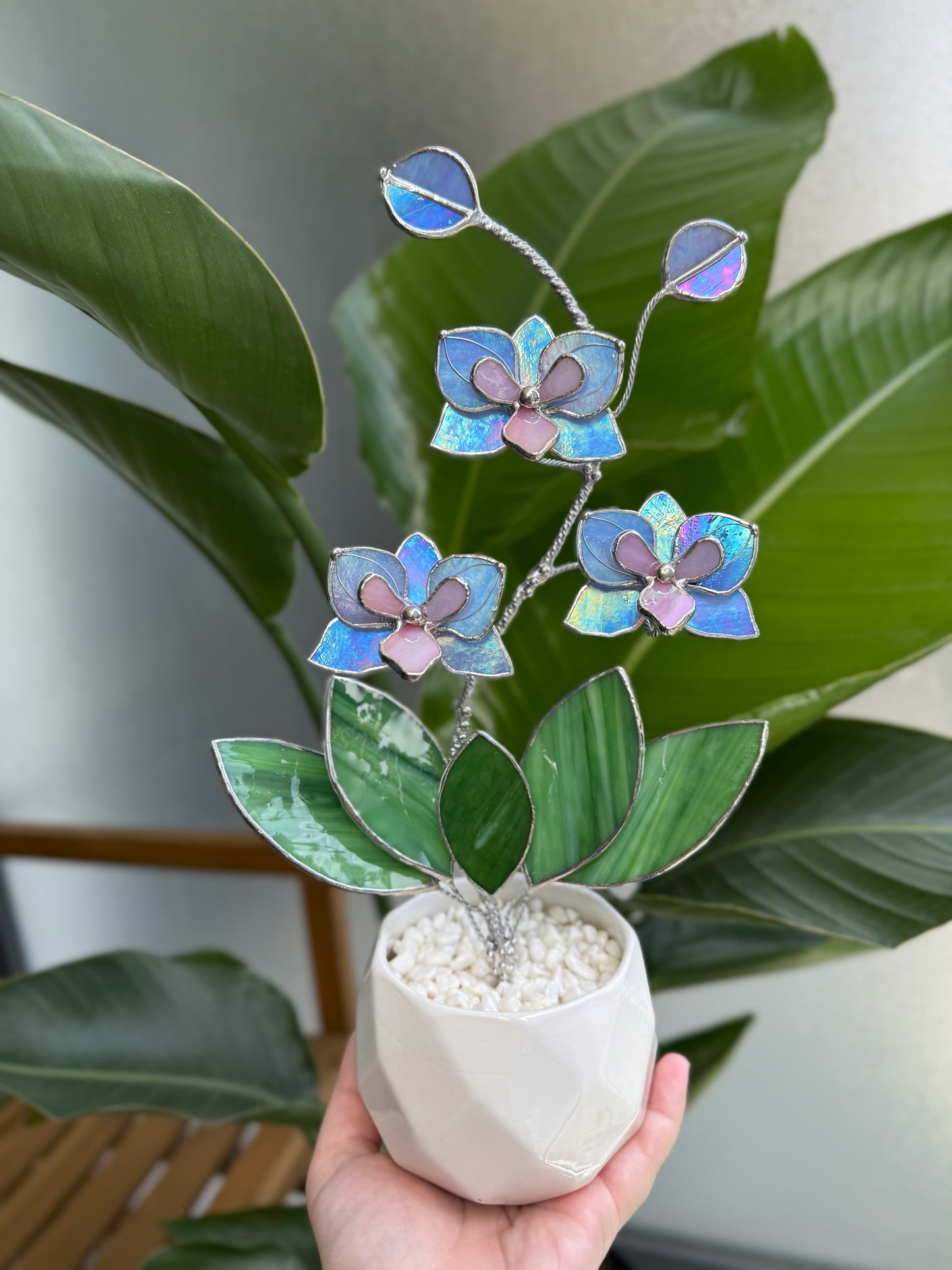 .Blue Lavender Orchid in a pot, 3 flowers Botanical Stained Glass Modern Art Decor new