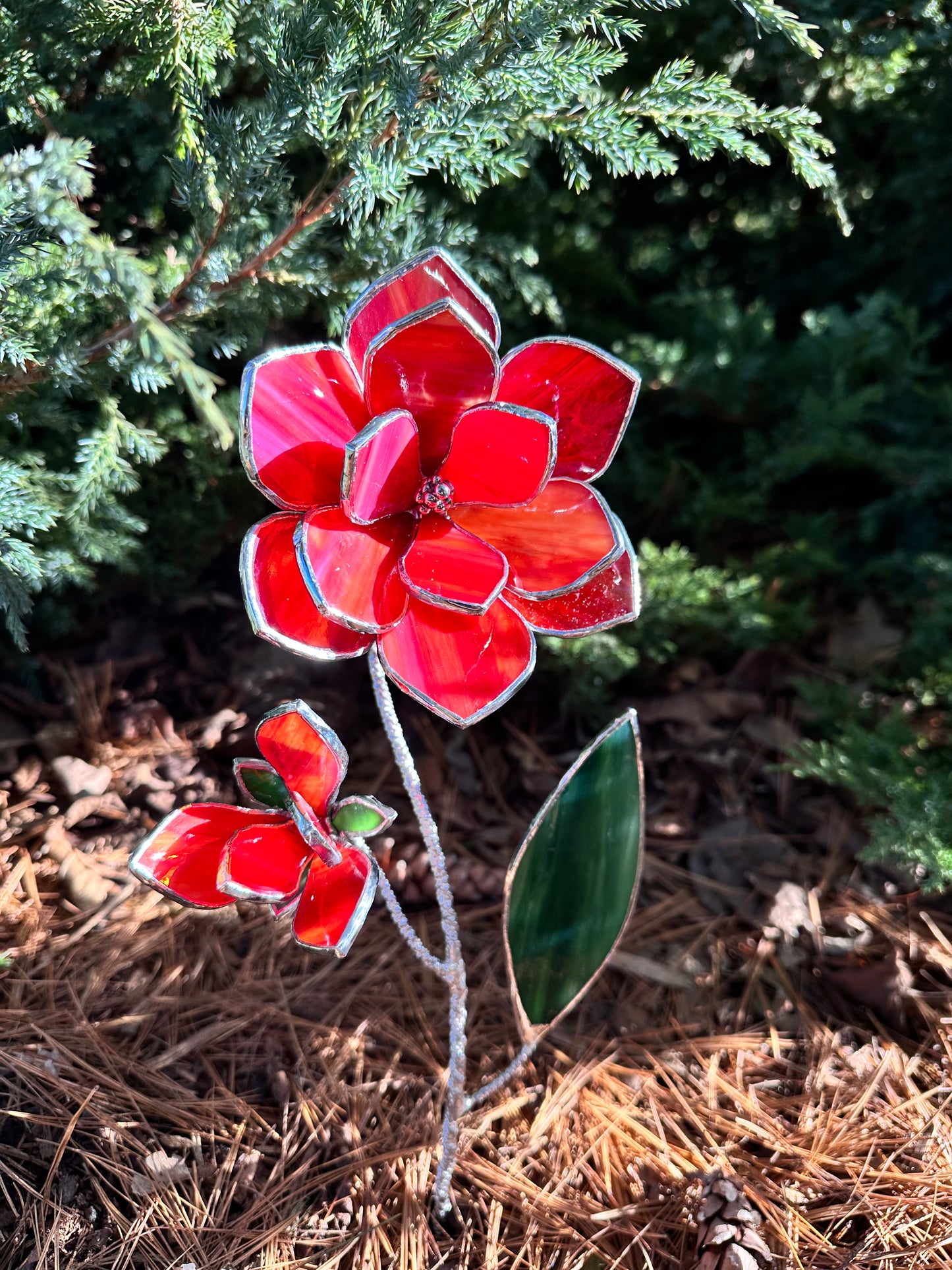 ".Magnolia Bright Red & Amber with bud" Stained glass tropical flower Suncatcher Iridescent 3D, Table plant cactus decor, Home Garden stake, Mother’s Day gift, Outdoor and gardening, pot