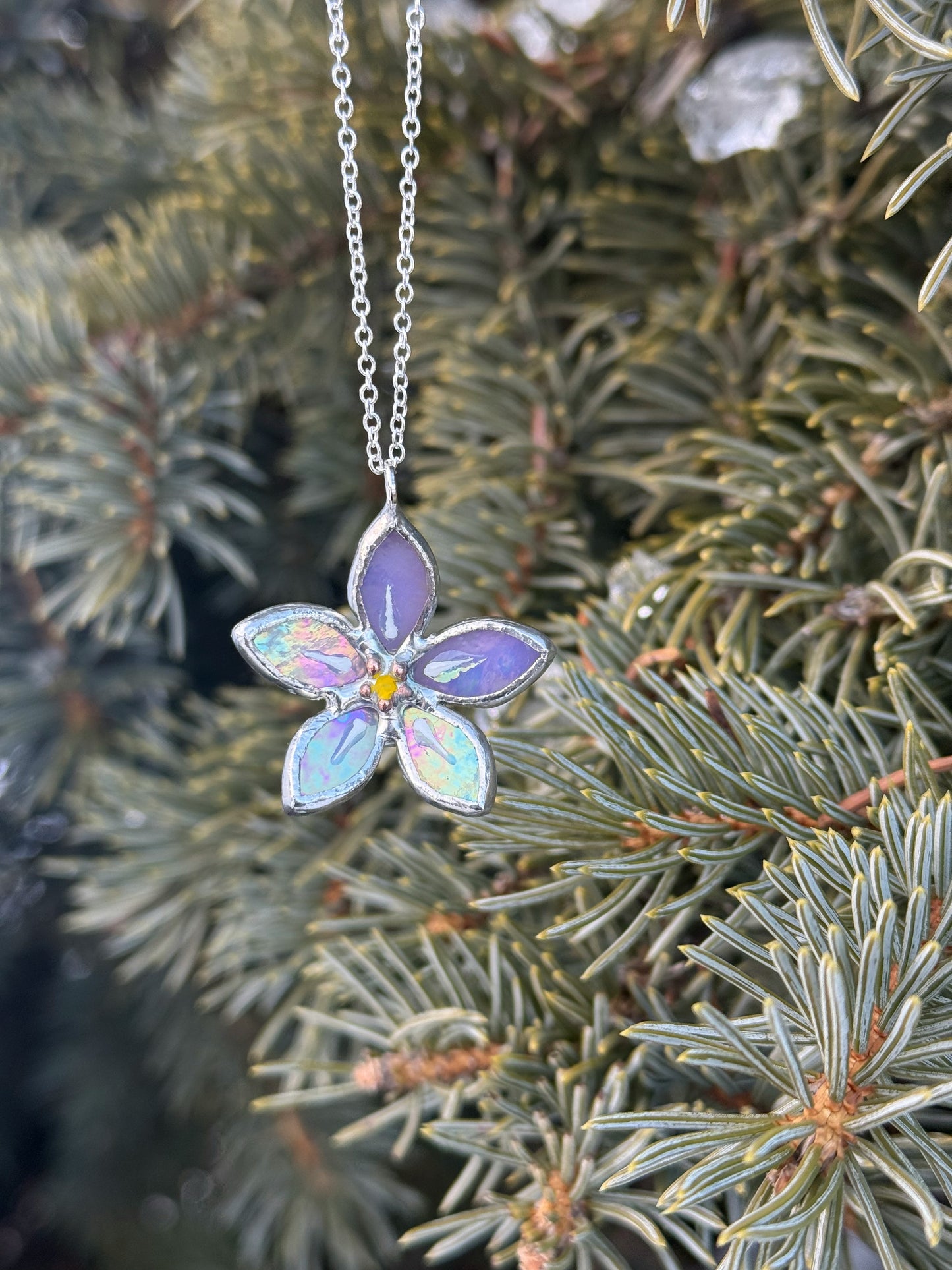 " .  CHOOSE COLOR Necklace Stained glass Forget Me Not flower, Modern art, jewelry