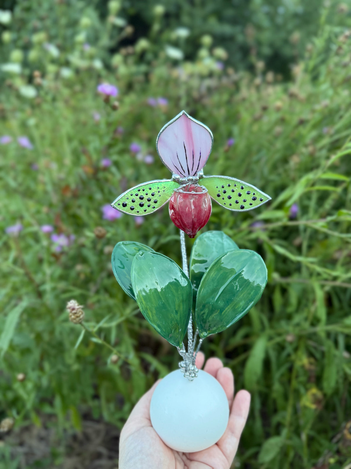 Lady’s Slipper Orchid, Handpainted Artificial Flower With Resin Leaves, Botanical Art Stained glass