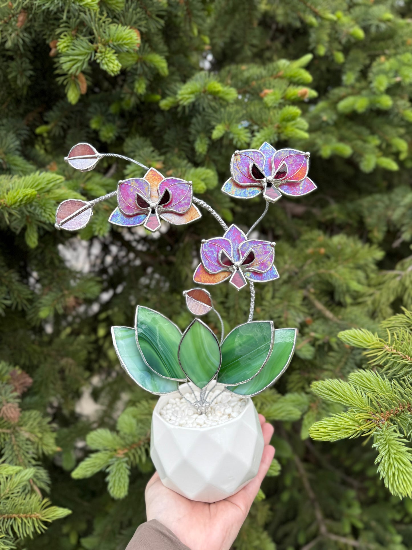 " . Berry red iridescent Orchid 3 flowers with pot” Stained glass tropical flower 3D, Sun catcher, Table plant, Garden stick, Outdoor and gardening decor available new