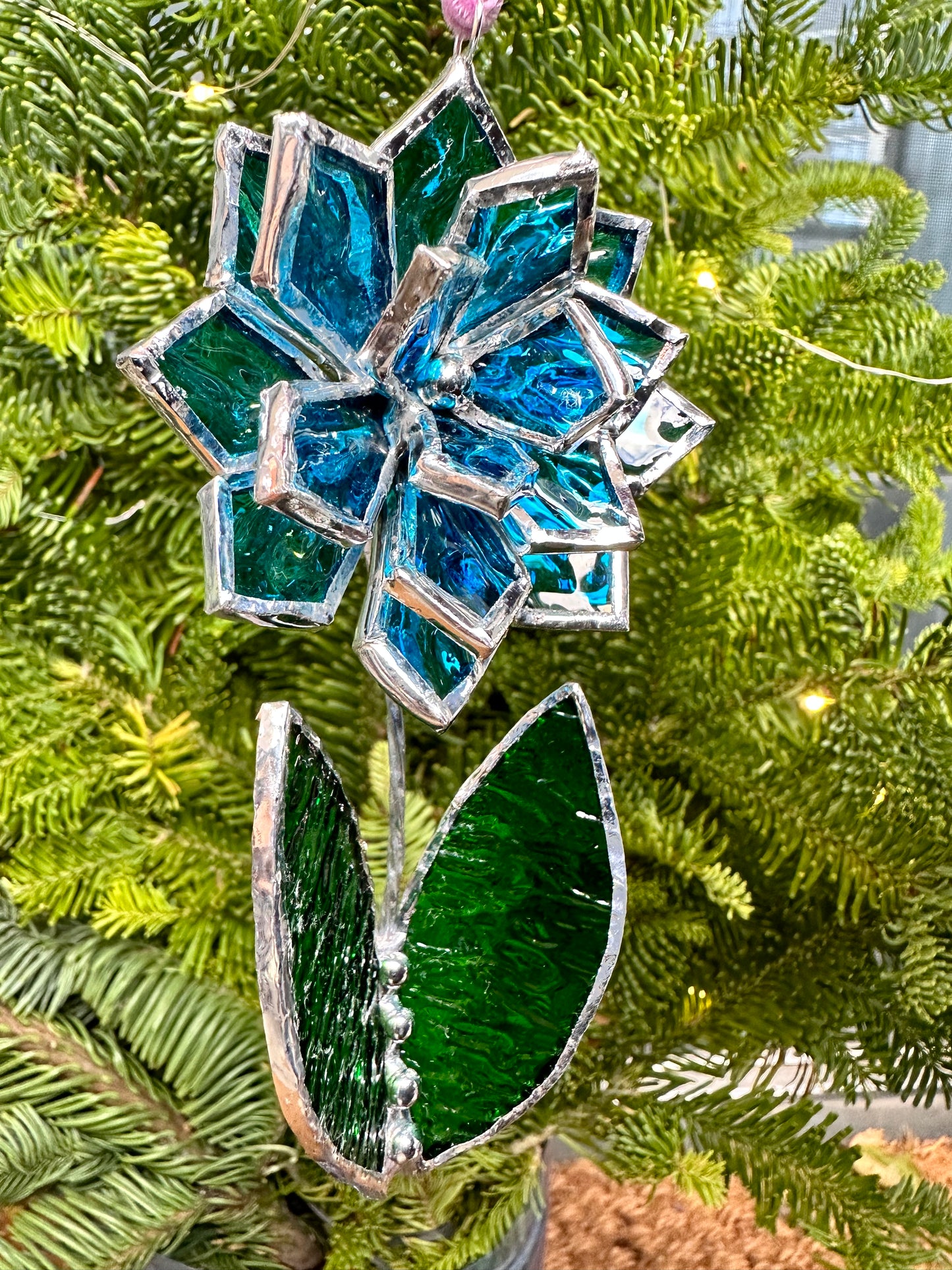 Christmas tree ornament Flower Blue ribbed transparent Set of 1, 3, 5, 7, 10. Stained glass Wall window decor, holiday decorations, lights
