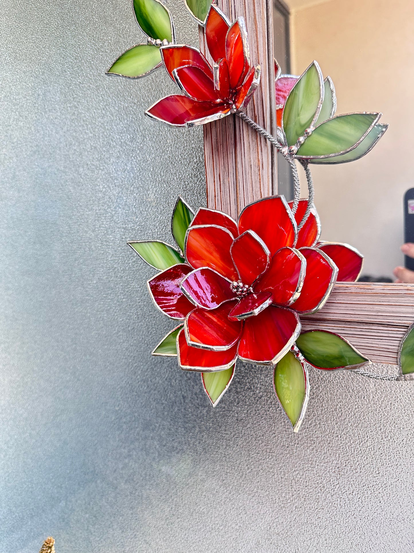 ".Stained glass flower Mirror Magnolia Red & Beige " Wedding Wall Decor, gift Everlasting flower, Suncatcher, Echeveria