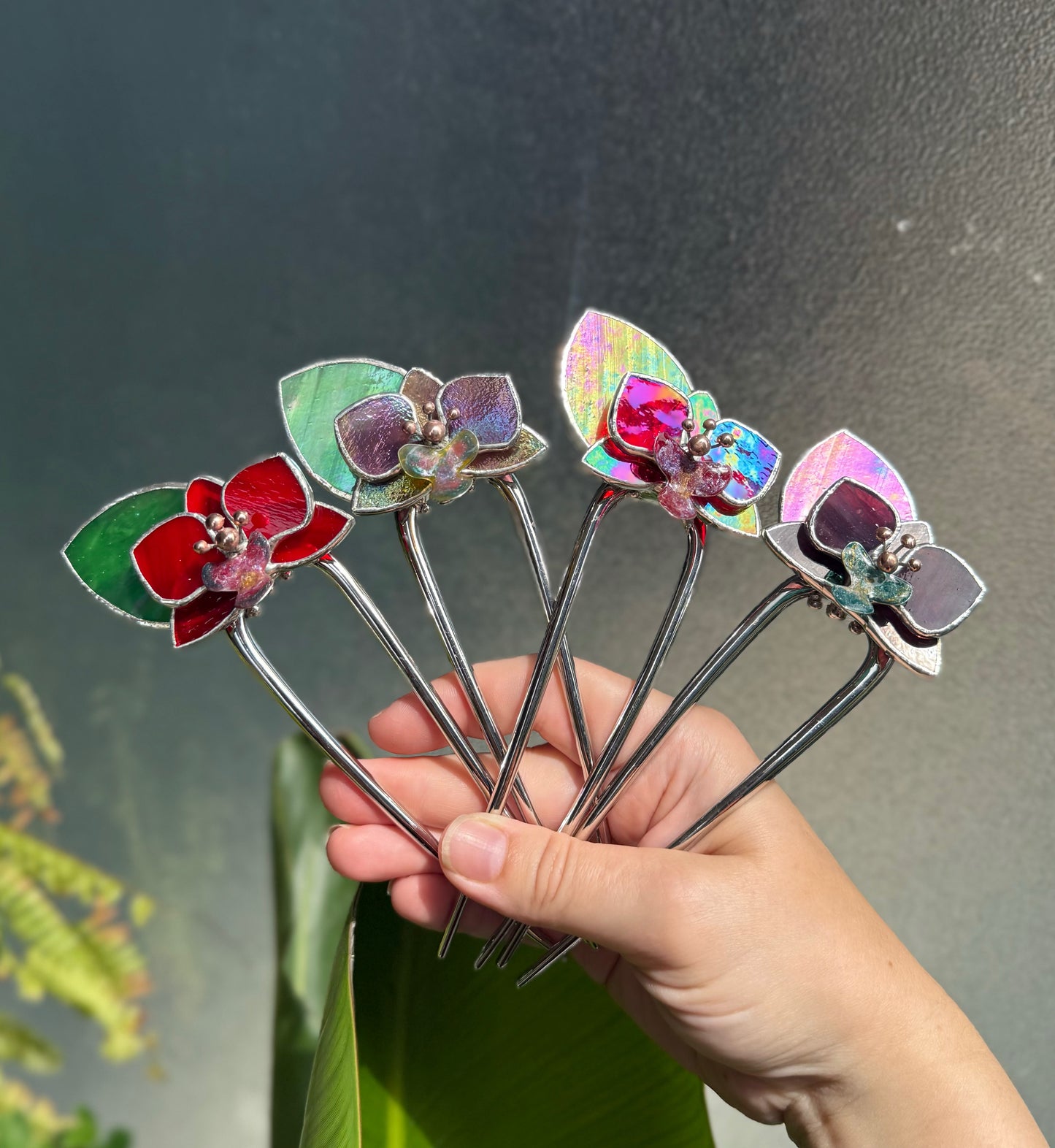 .HairPin Stained Glass Orchid Flower CHOOSE COLOR Handmade Floral Accessories