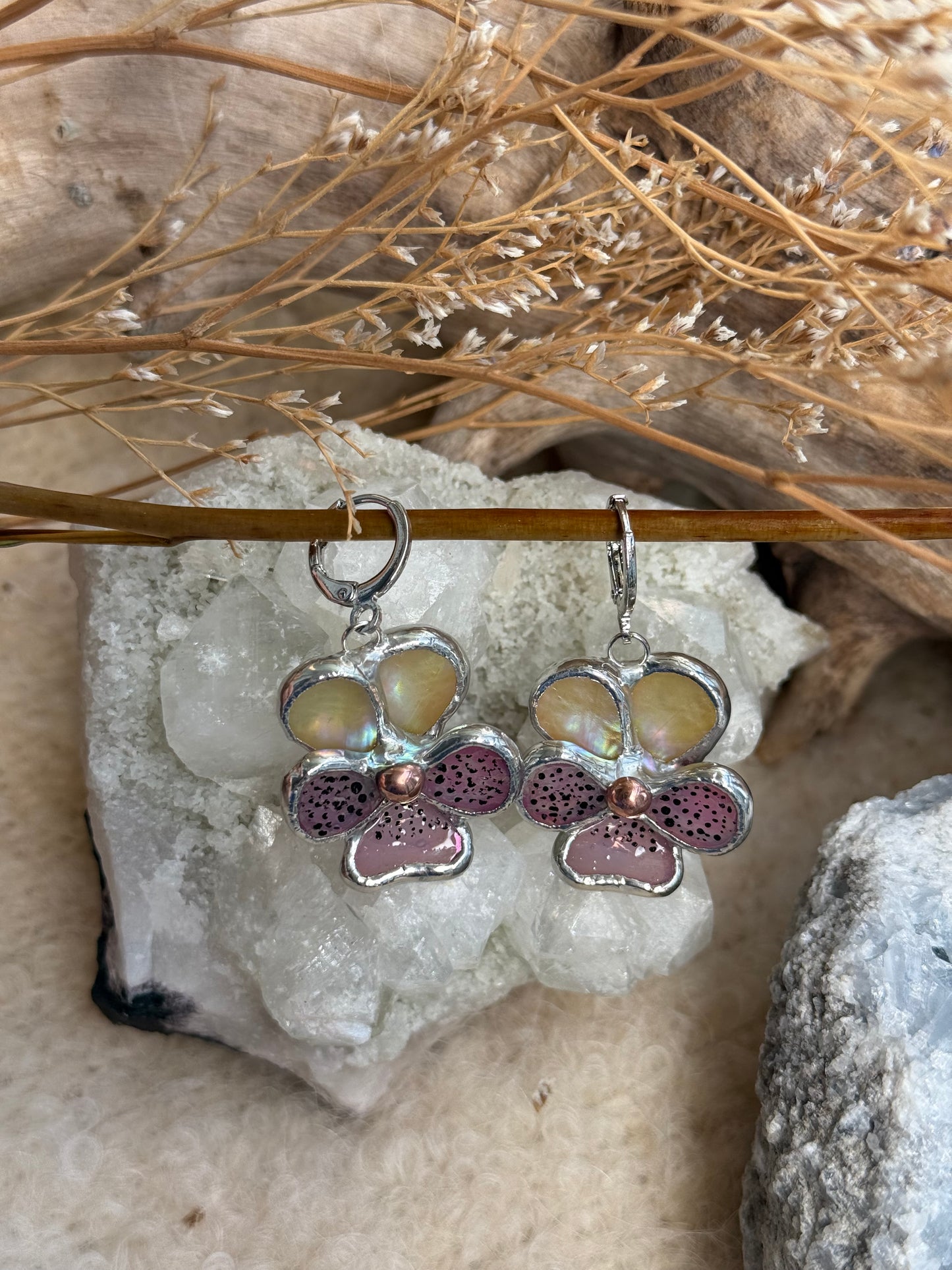 " . Earrings Pansy flower” Stained glass modern floral art jewelry