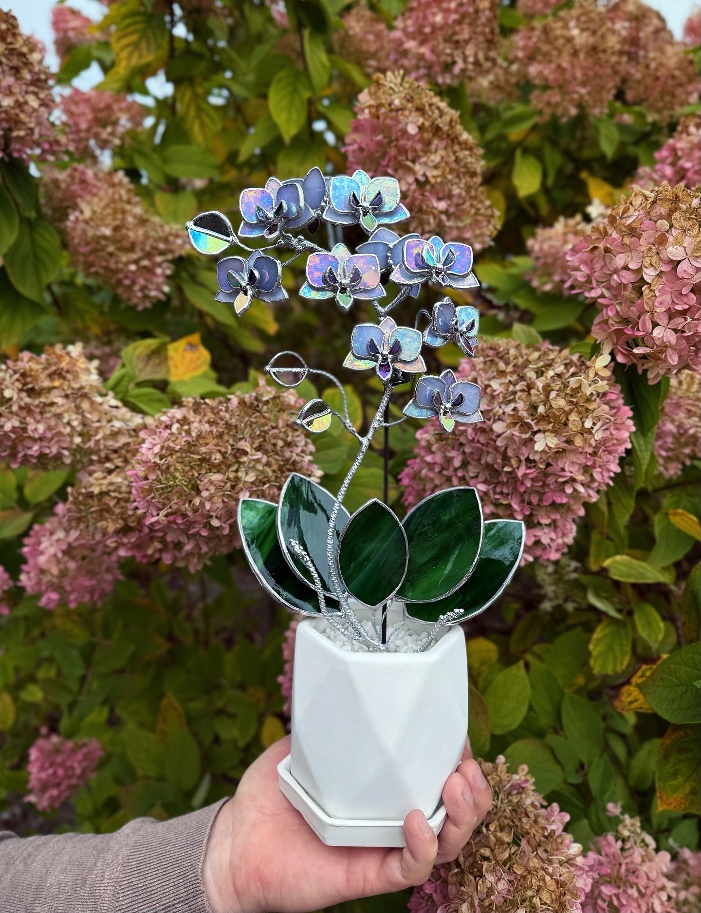 "  . Stained glass Orchid Lavender iridescent, double sided, 10 flowers with pot”, Stained glass tropical flower 3D, Suncatcher, Table plant decor