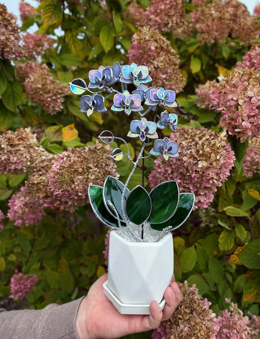 "  . Stained glass Orchid Lavender iridescent, double sided, 10 flowers with pot”, Stained glass tropical flower 3D, Suncatcher, Table plant decor