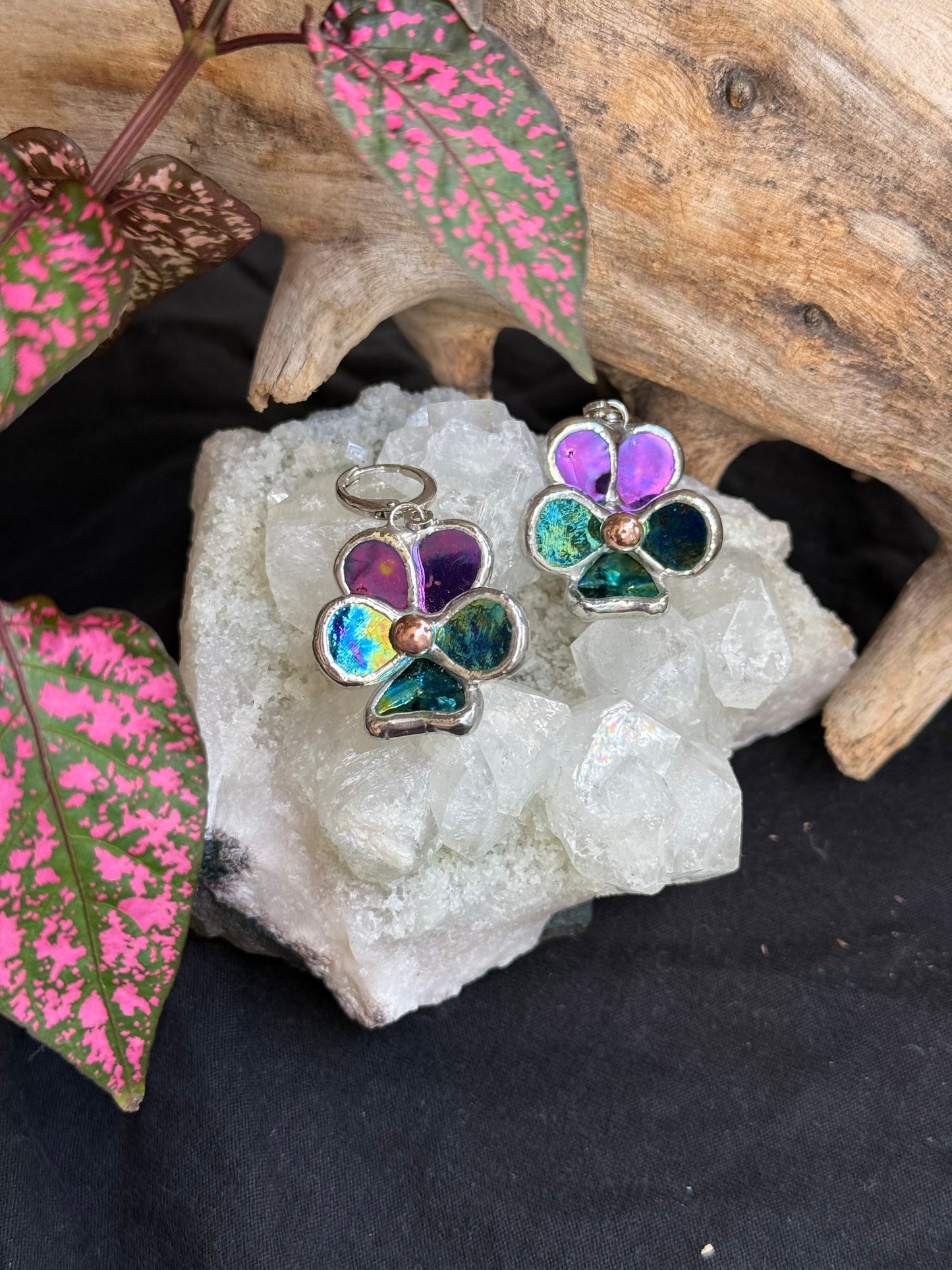 Pansy Earrings Purple lumi &Yellow blue lumi  Handcrafted Stained glass Botanical Art Jewelry