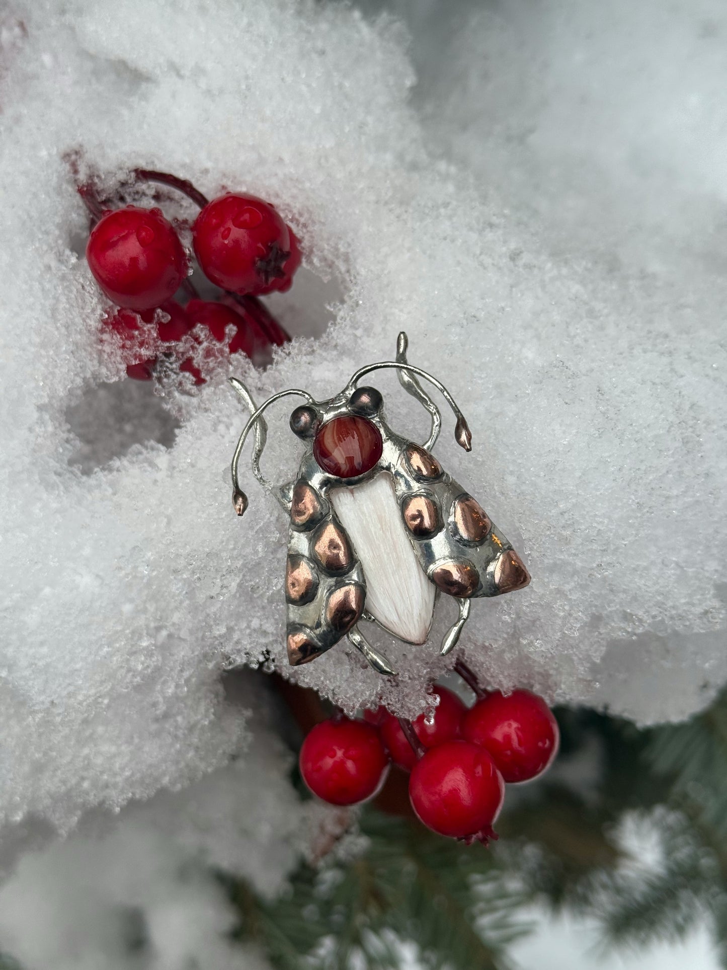 "  . Bug Necklace or Brooch with semi-precious stones and fused glass, art jewelry pendant 3D wedding jewelry Mother’s Day gift