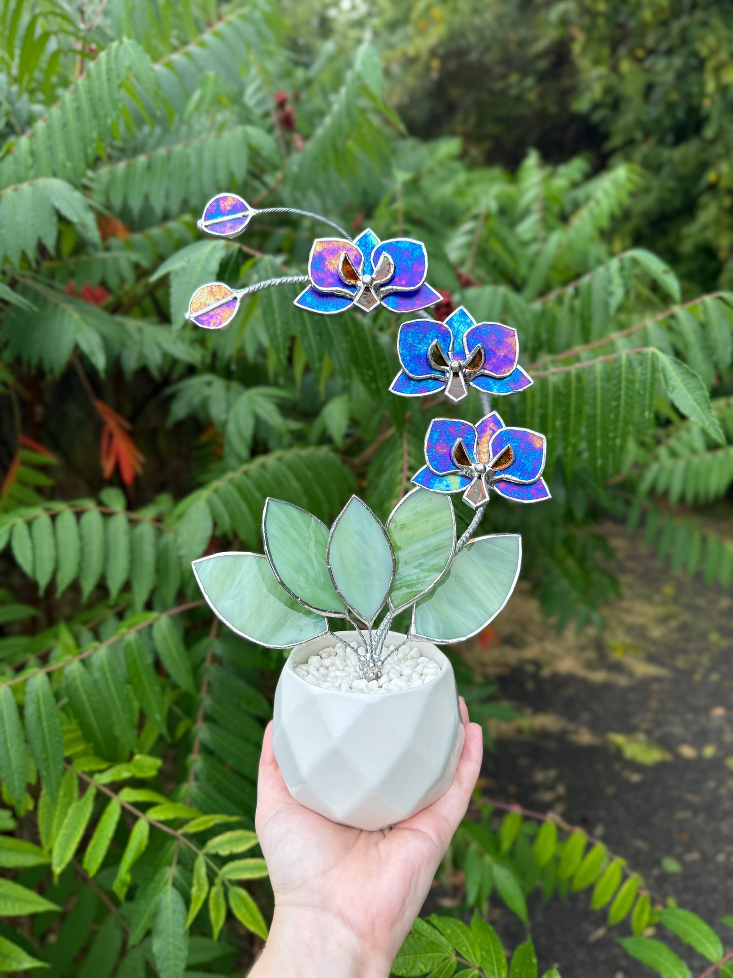 " . Indigo iridescent Orchid 3 flowers with pot ” Stained glass tropical flower 3D, Sun catcher, Table plant, Garden stick, Outdoor and gardening decor