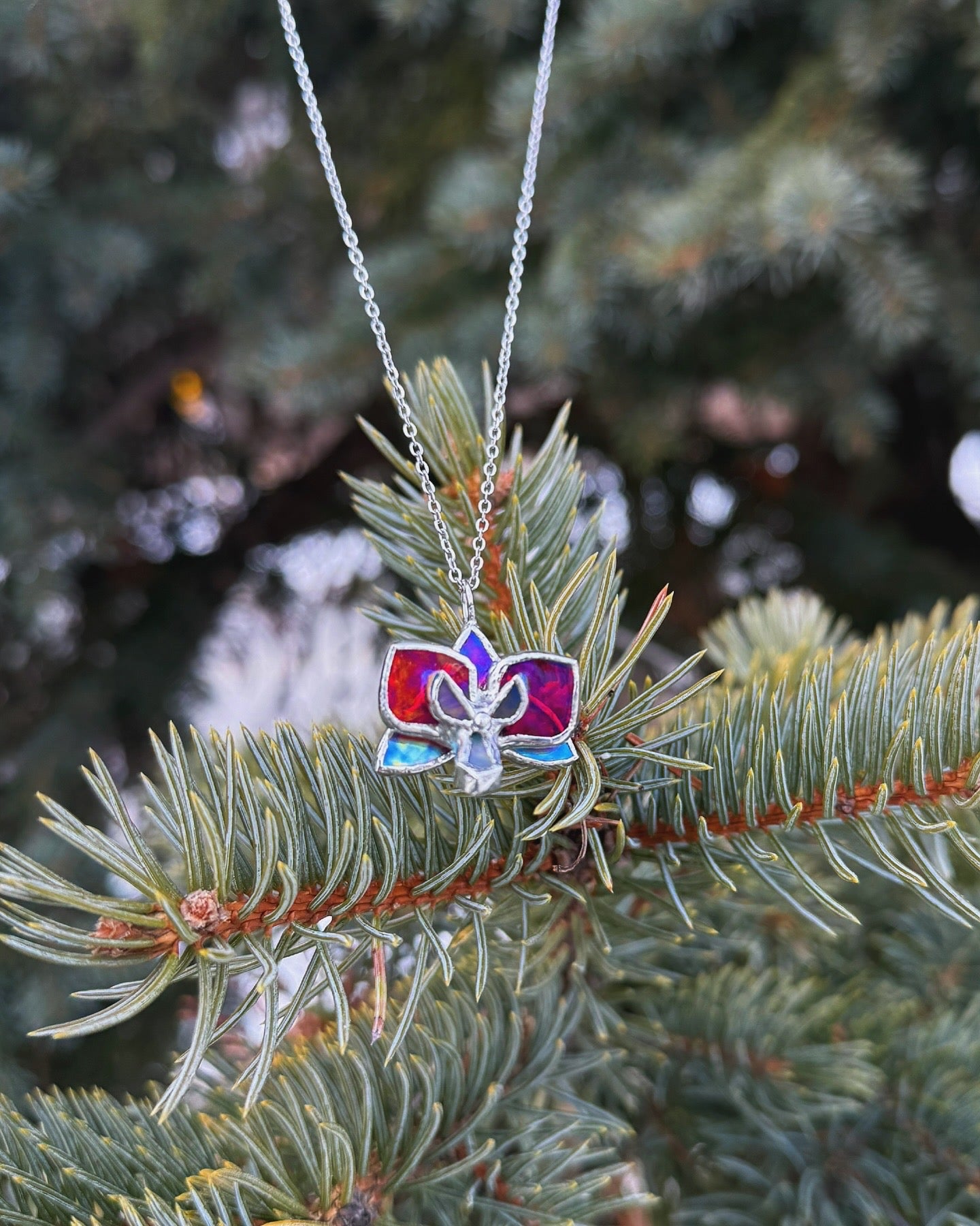 " . Necklace Orchid Red transparent iridescent Necklace” Stained glass tropical flower 3D, art jewelry