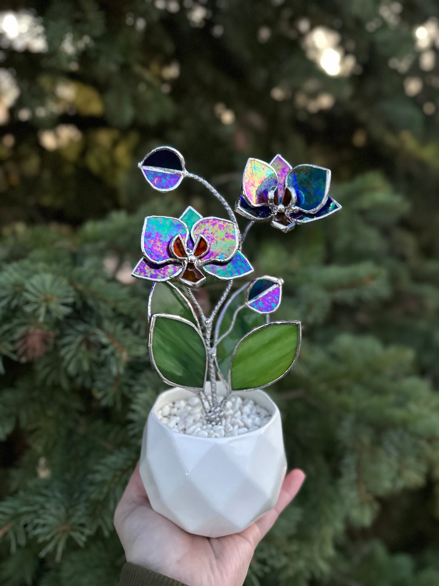 " . Indigo iridescent Orchid 2 flowers with pot” Stained glass tropical flower 3D, Sun catcher, Table plant decor, Garden stick, Outdoor and gardening decor