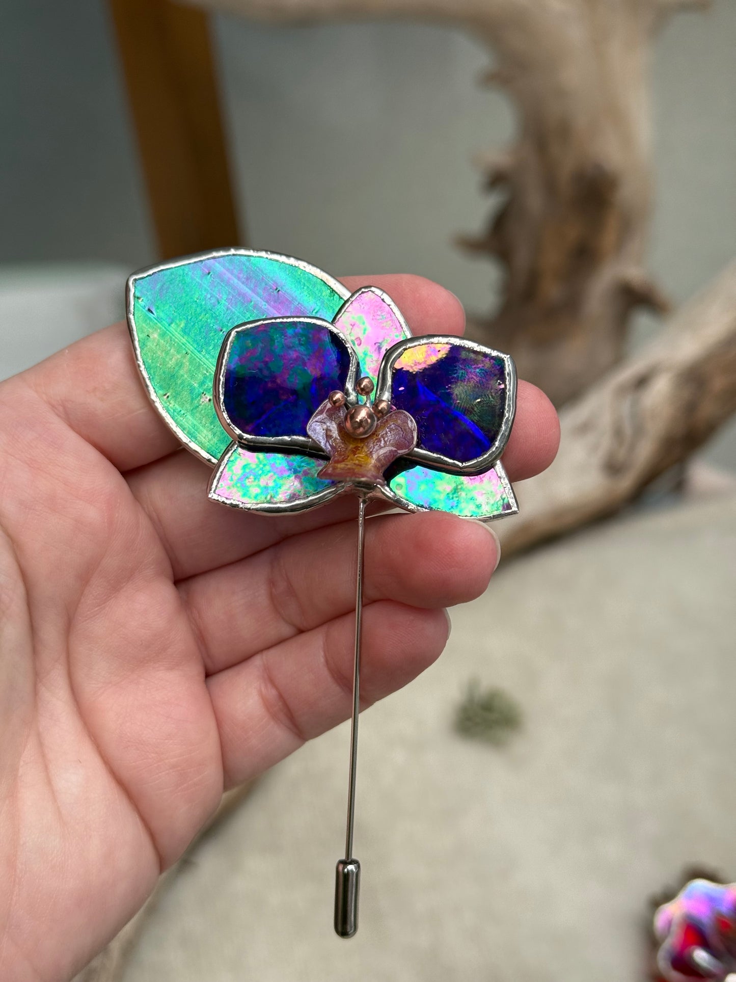 Orchid Brooch Statement Stained Glass Floral Pin, Modern Art Jewelry
