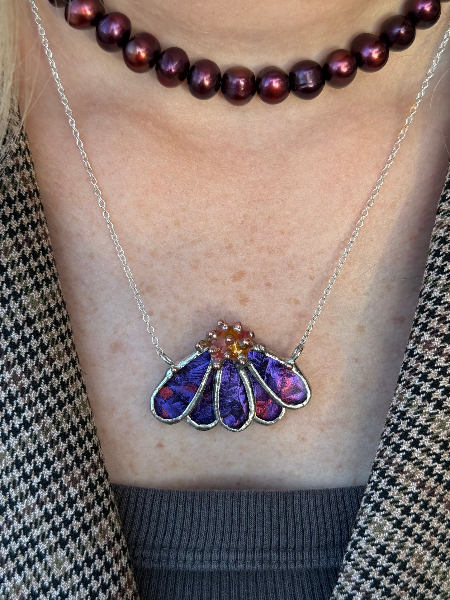 Echinacea Purple & Pink, Stained Glass Necklace or Brooch, Handmade Botanical Jewelry