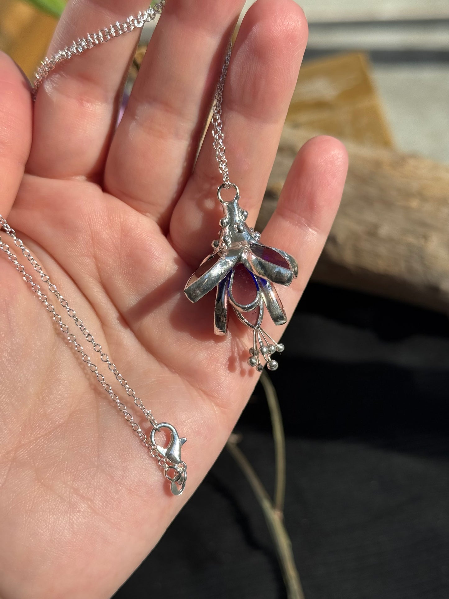 Fuchsia flower Necklace, LEAD FREE Stained glass modern art jewelry new