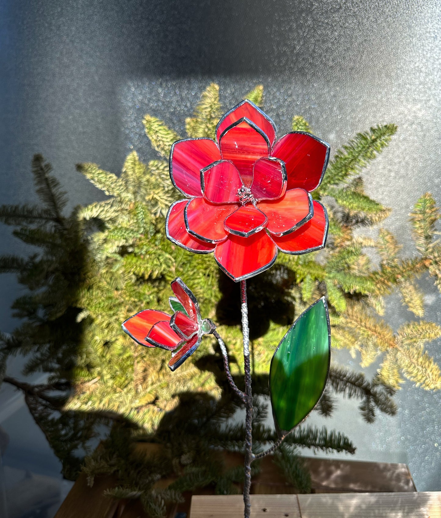 ".Magnolia Bright Red & Amber with bud" Stained glass tropical flower Suncatcher Iridescent 3D, Table plant cactus decor, Home Garden stake, Mother’s Day gift, Outdoor and gardening, pot