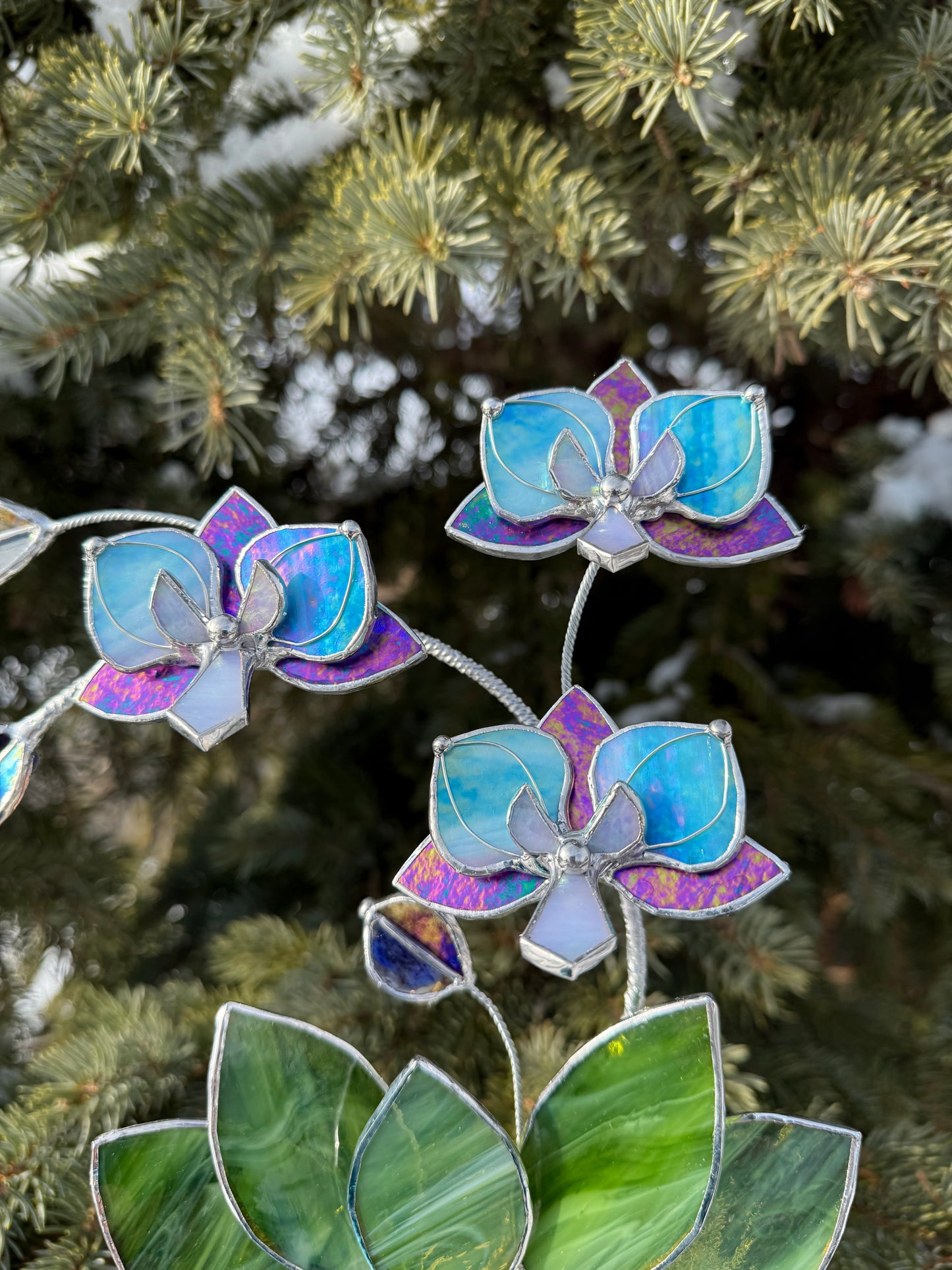 " . Amethyst iridescent and Blue iridescent Orchid 3 flowers with pot” Stained glass tropical flower 3D, Sun catcher, Table plant, Garden stick, Outdoor and gardening decor