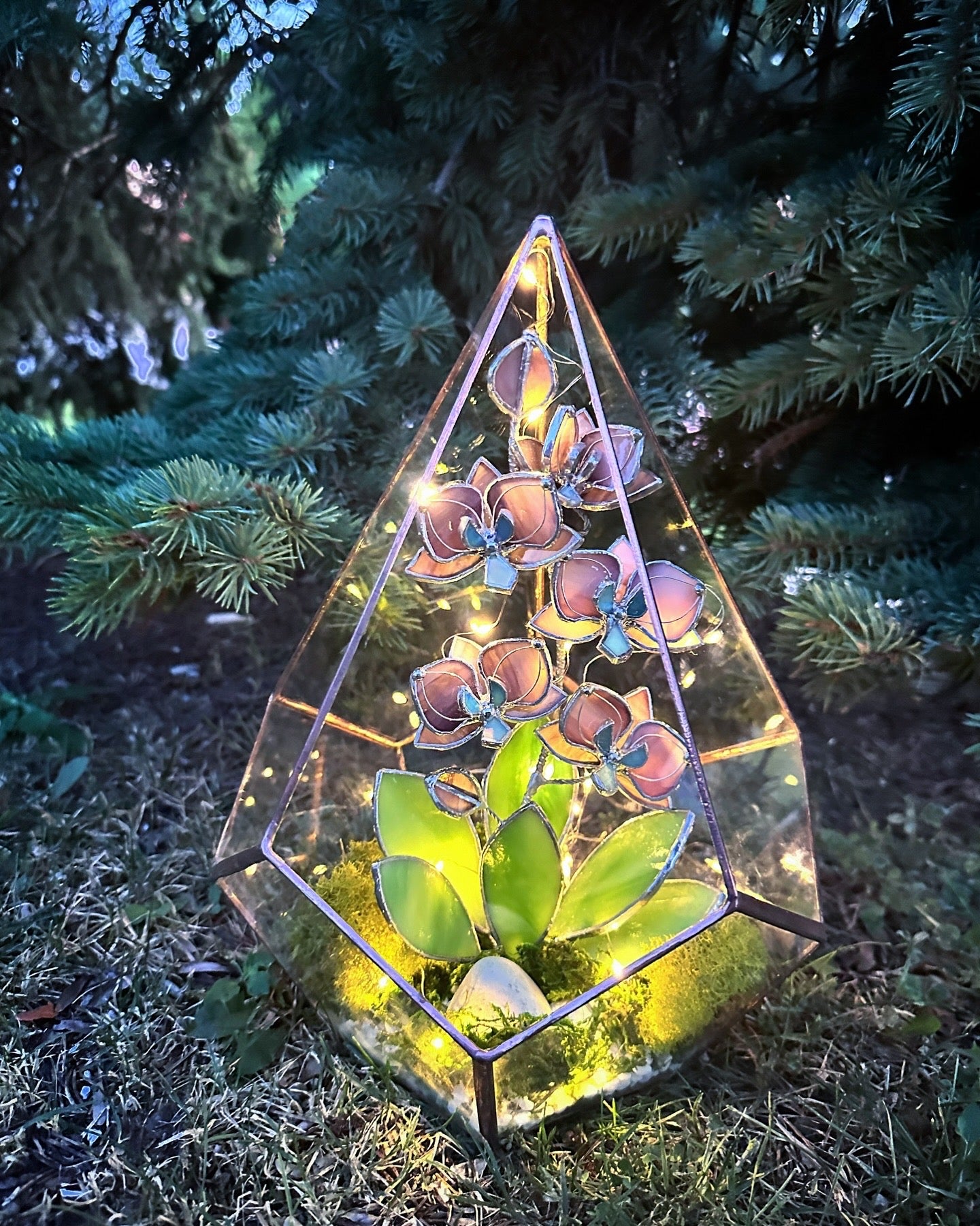 " . Geometric glass 3D terrarium Teardrop with stained glass orchids. Wedding glass decor, Mother’s Day  gift, glass art, suncatcher, succulents, cacti