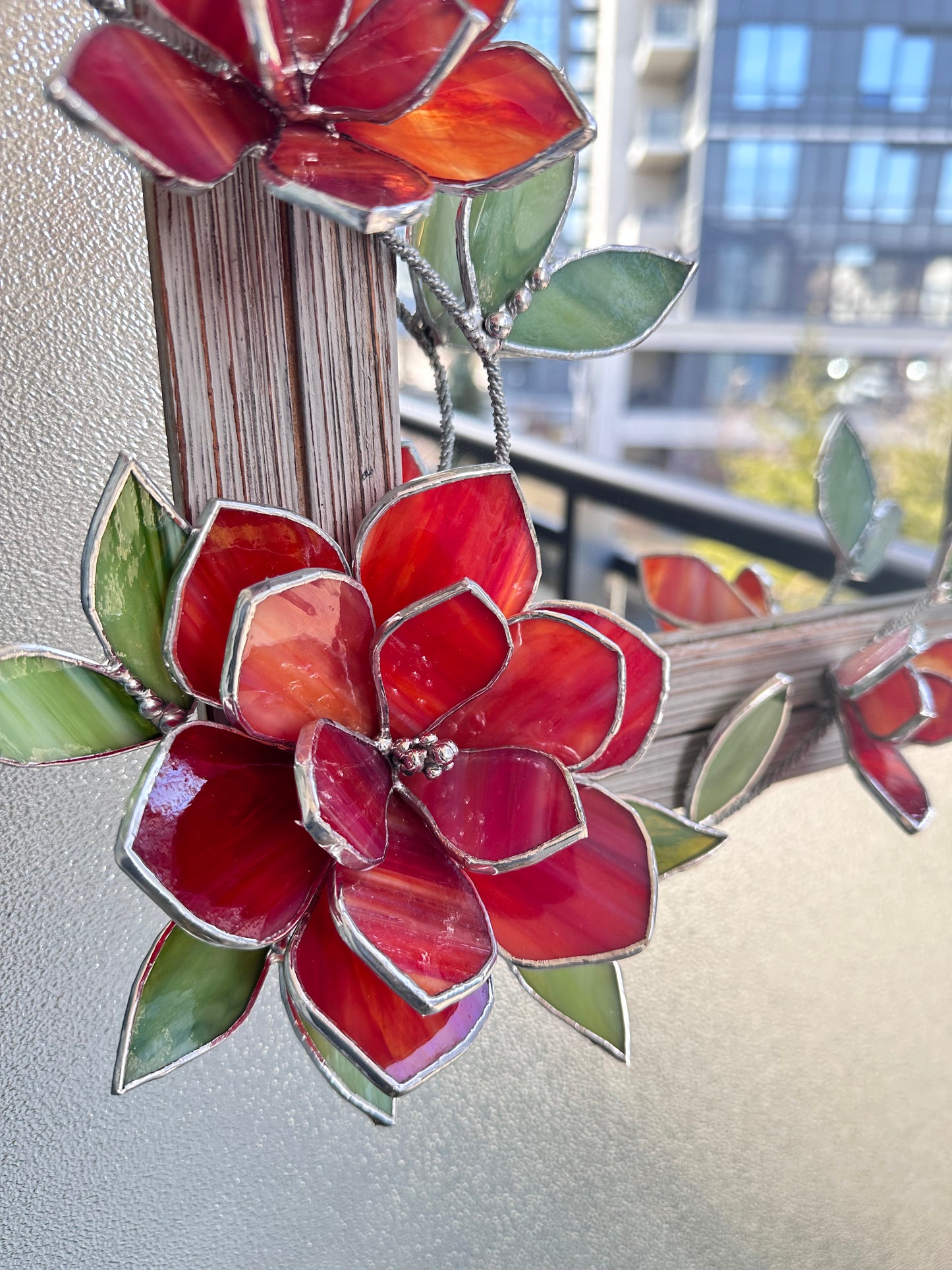 ".Stained glass flower Mirror Magnolia Red & Beige " Wedding Wall Decor, gift Everlasting flower, Suncatcher, Echeveria