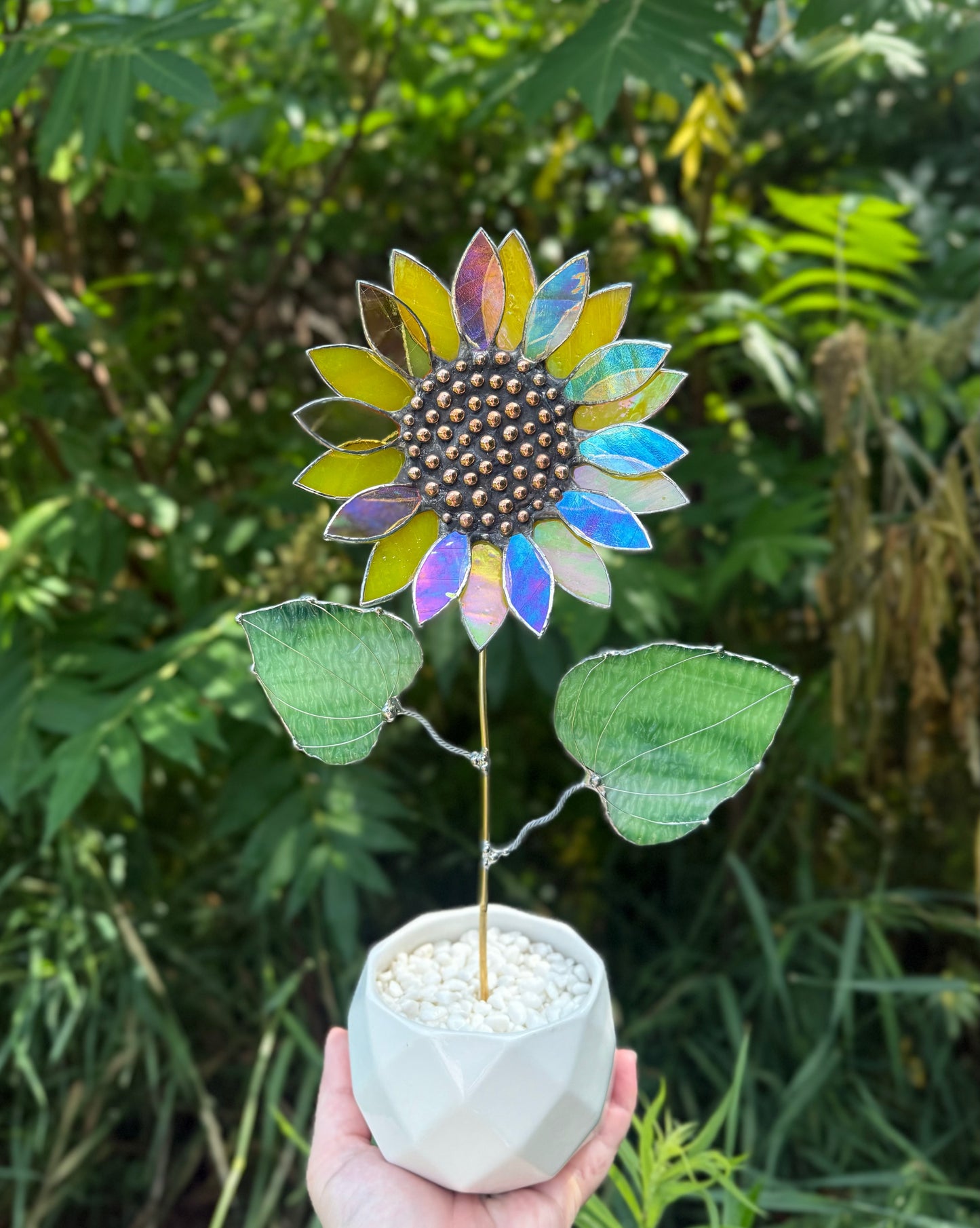 .Lemon Yellow & Amber Irid Sunflower Artisan 3D Stained Glass Suncatcher, Table Decor