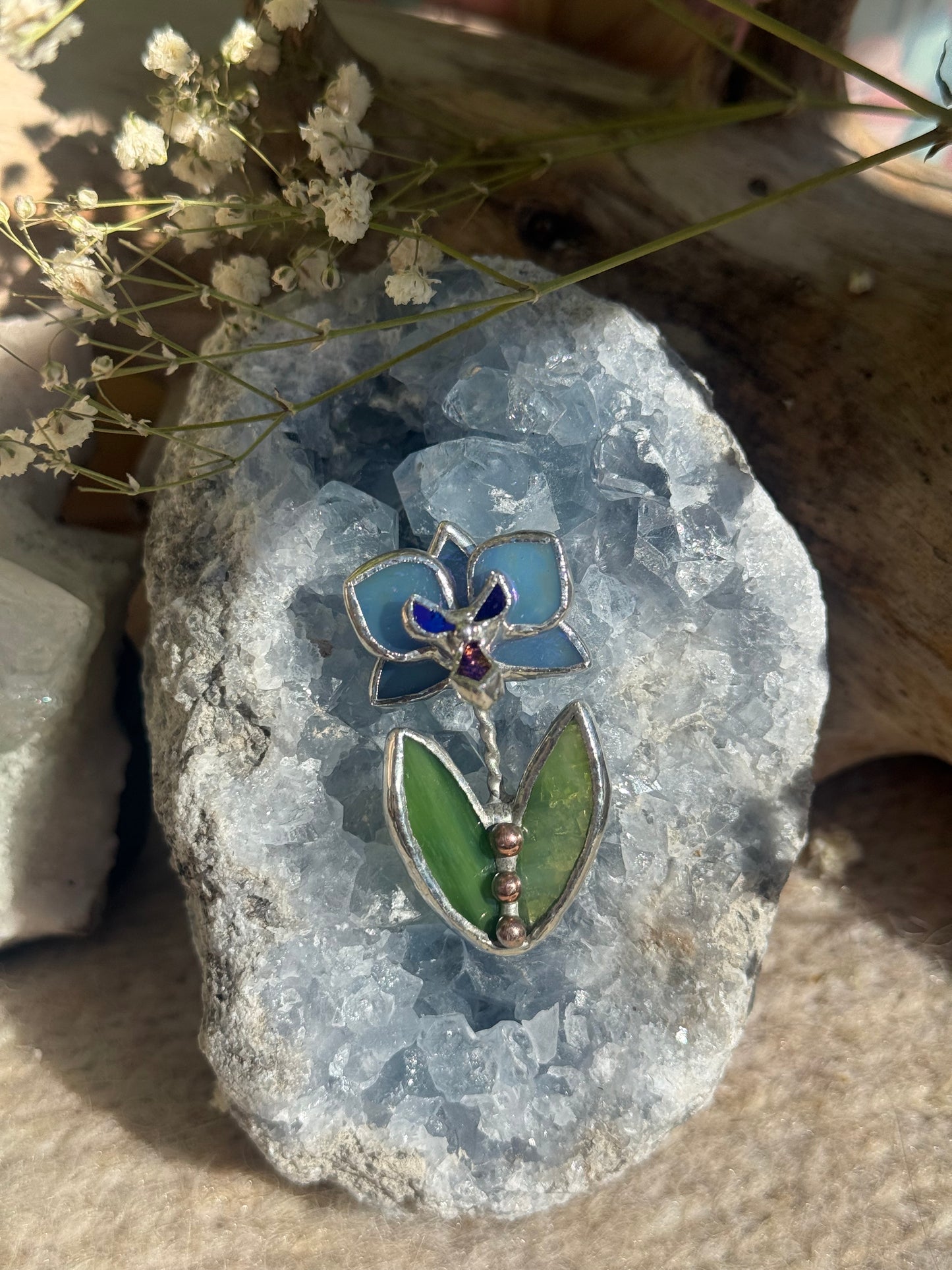 Brooch Orchid Blue Lavender irid Stained glass flower 3D art jewelry new