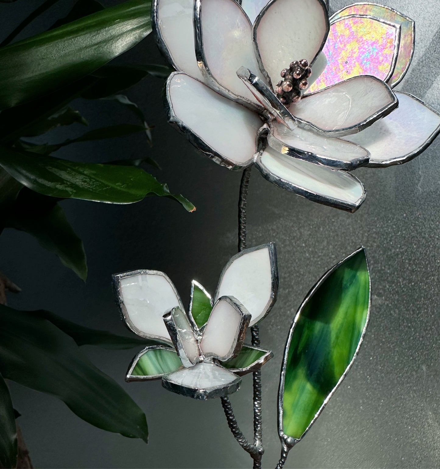 ".Magnolia White Iridescent flower with a bud", Stained glass tropical flower 3D, Sun catcher, Table plant decor, wedding Christmas gift