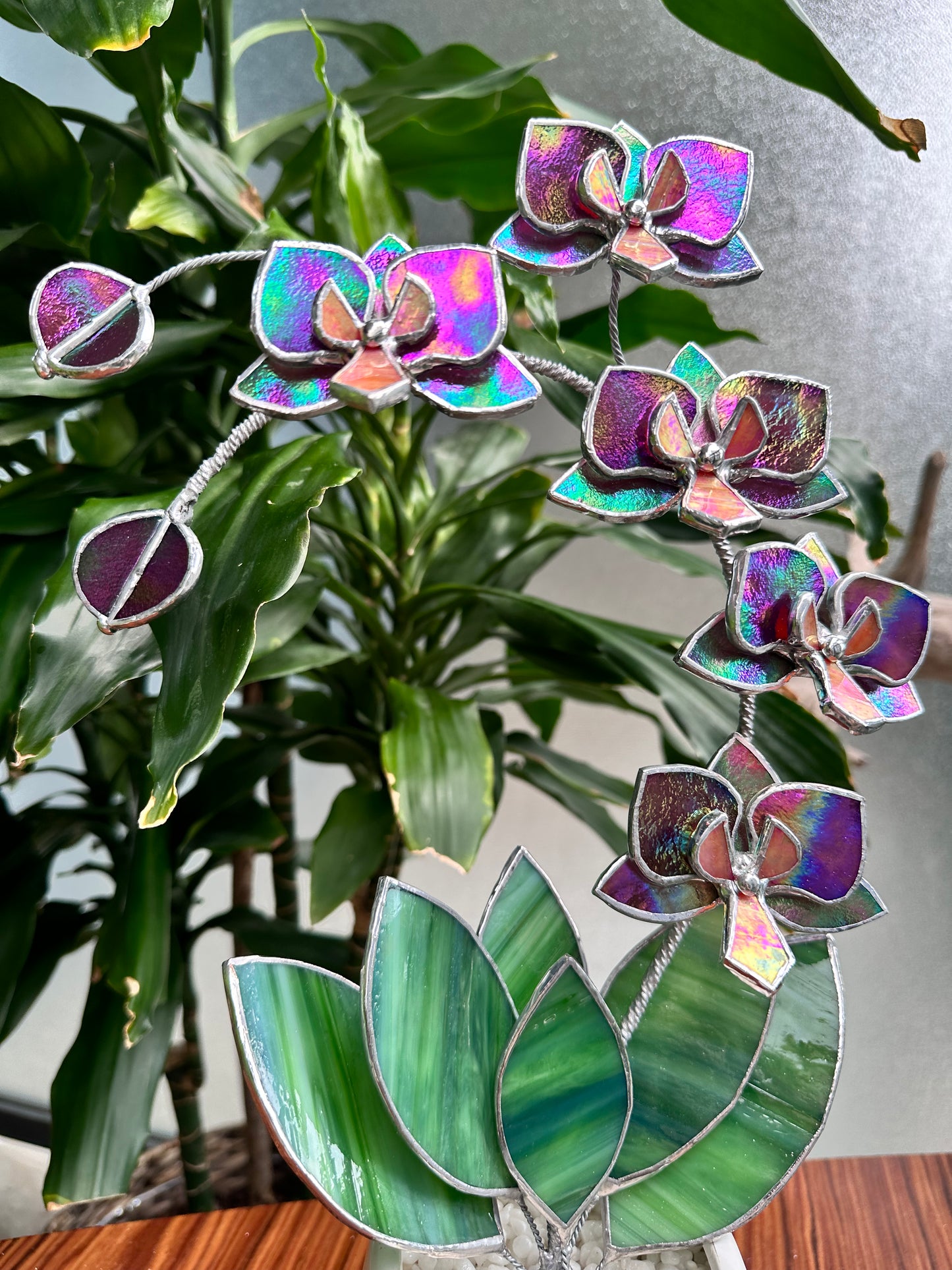 " . Mauve iridescent Orchid 5 flowers with pot" Stained glass tropical flower 3D, Sun catcher, Table plant, Garden stick, wedding decor, Christmas gift, available