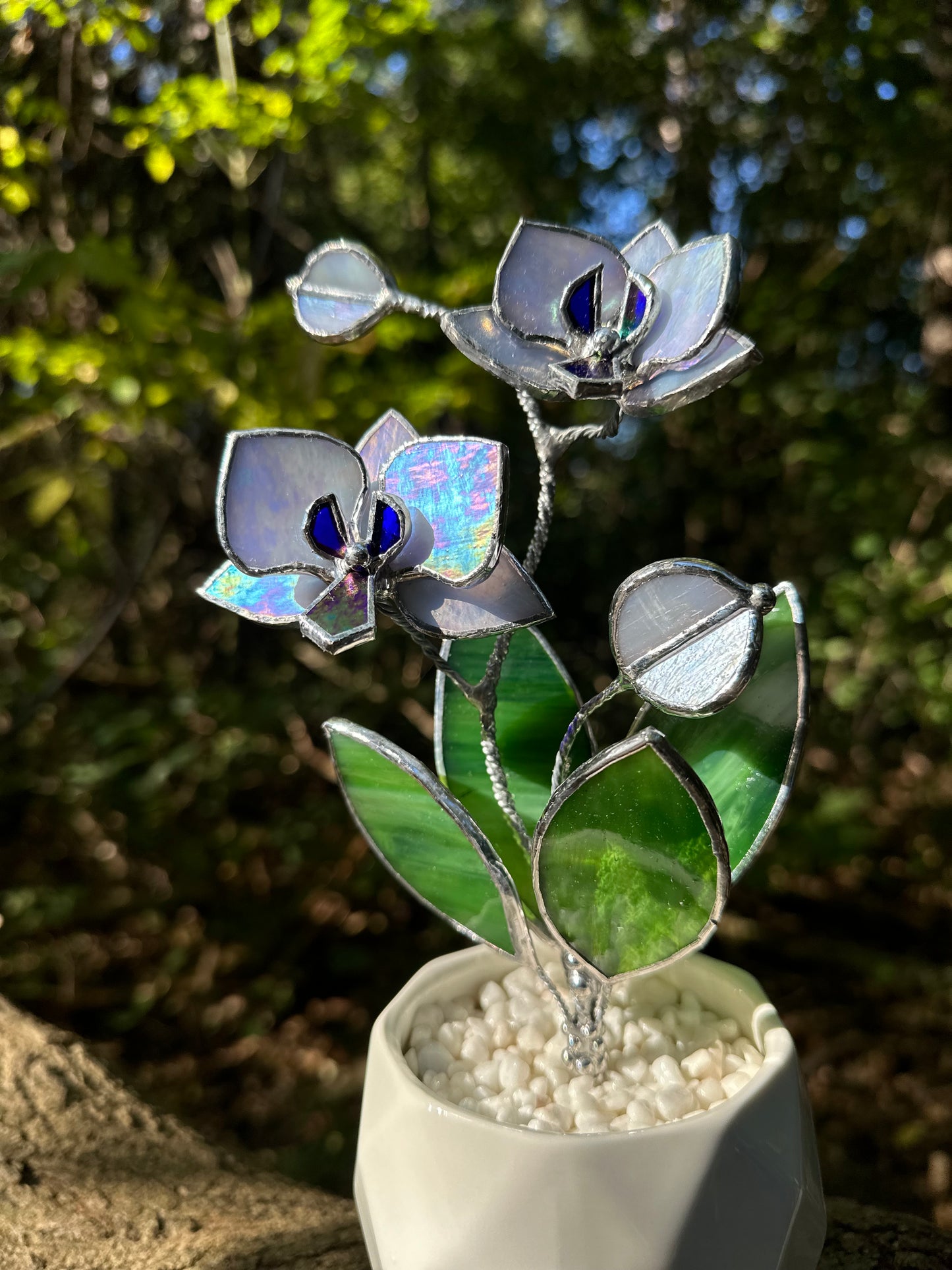 " . Lavender iridescent Orchid 2 flowers with pot” Stained glass tropical flower 3D, Sun catcher, Table plant decor, Garden stick, Outdoor and gardening decor