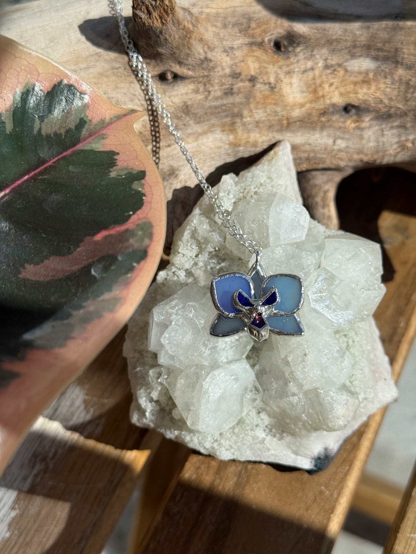 Blue lavender Orchid Irid, Stained Glass Necklace Handmade Botanical Jewelry