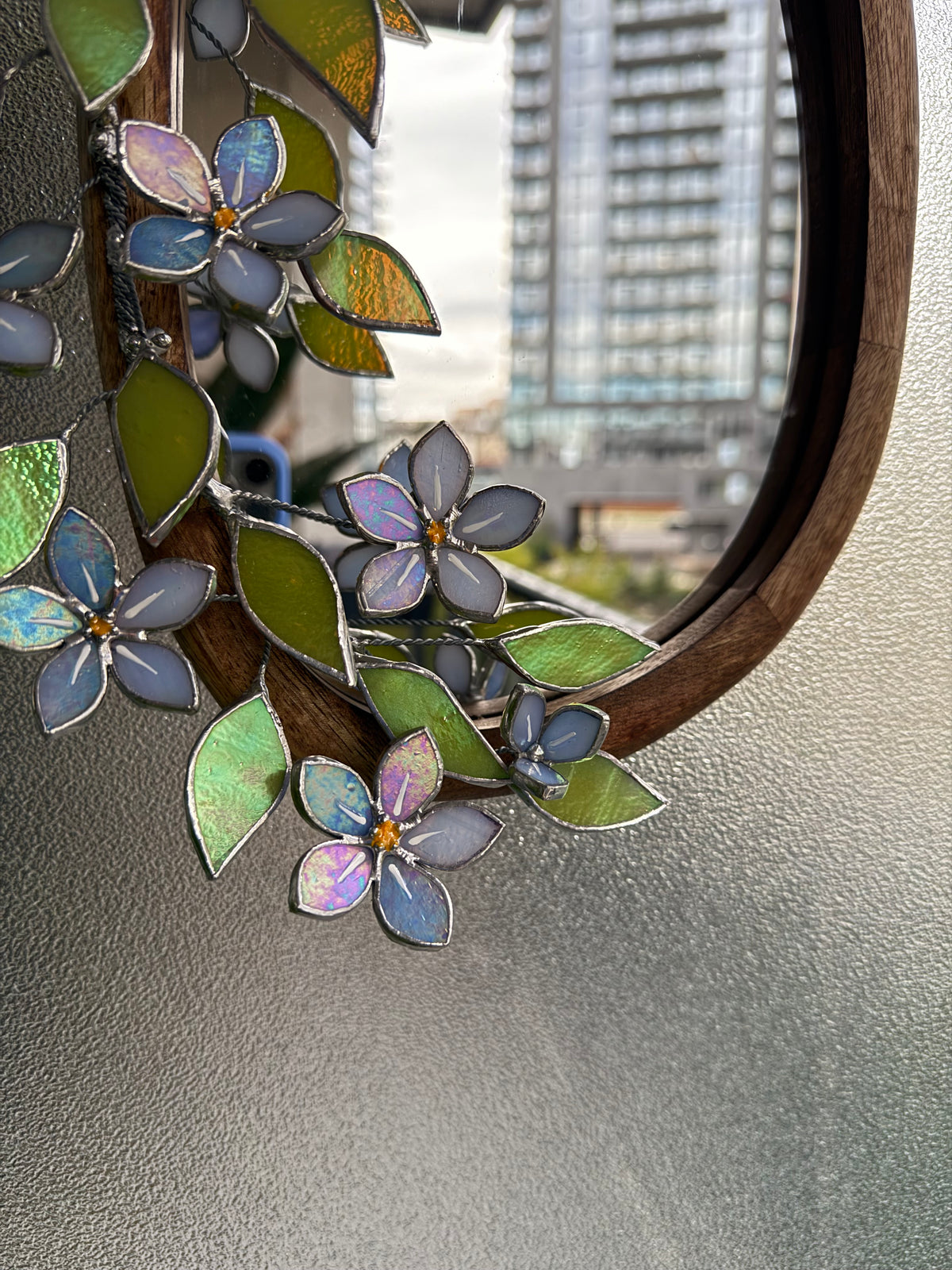 .Forget Me Not iridescent Stained glass Flower Mirror, 3D Botanical Floral Wall Art ready new