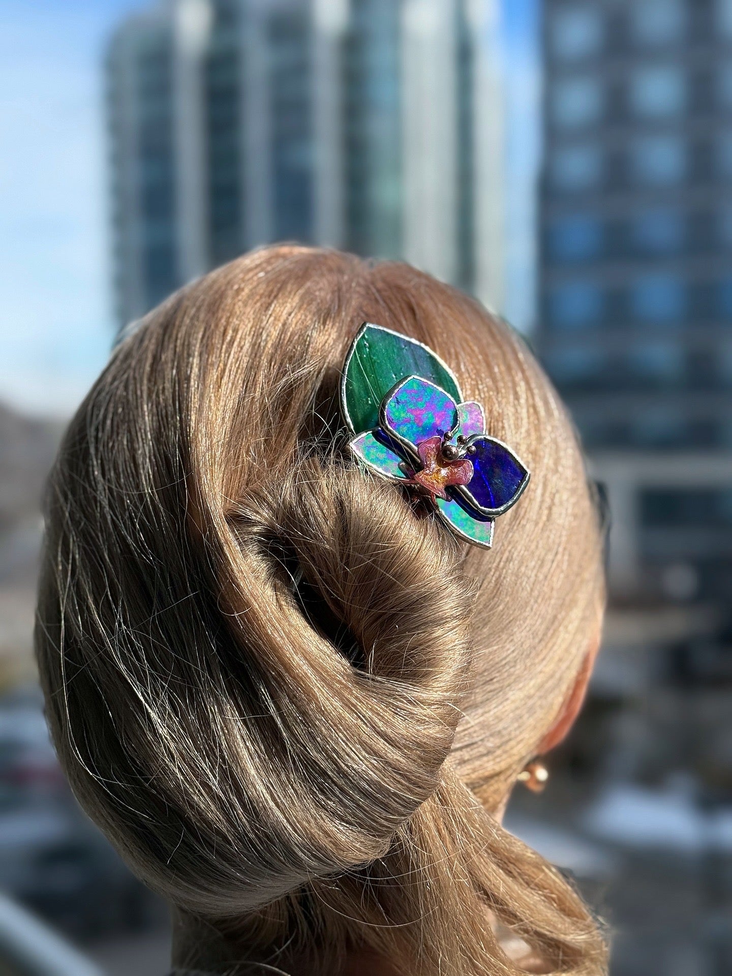 Hair Pin Stained Glass Orchid Flower CHOOSE COLOR Handmade Floral Accessories