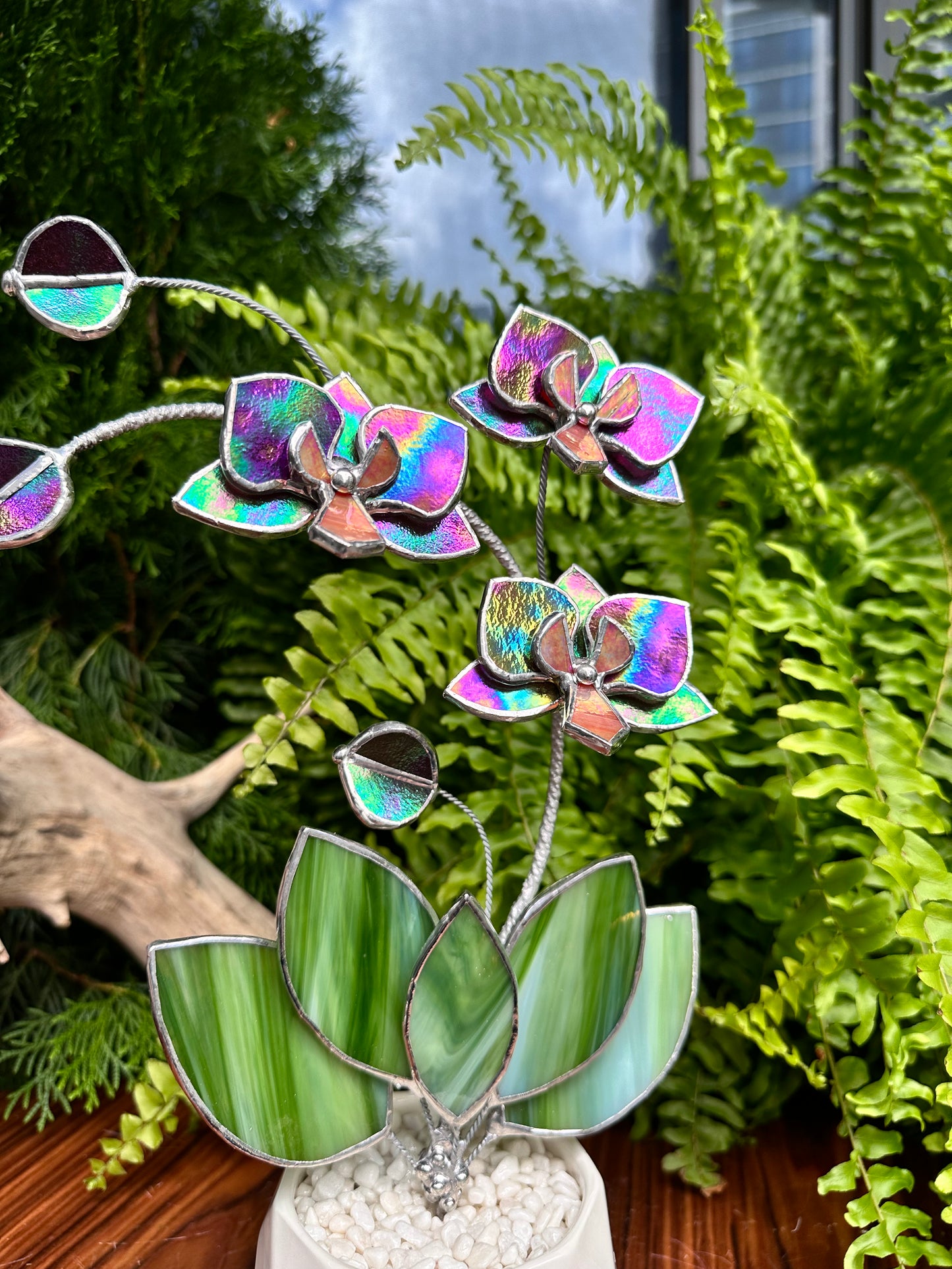 " . Mauve iridescent Orchid 3 flowers with pot” Stained glass tropical flower 3D, Sun catcher, Table plant, Garden stick, Outdoor and gardening decor